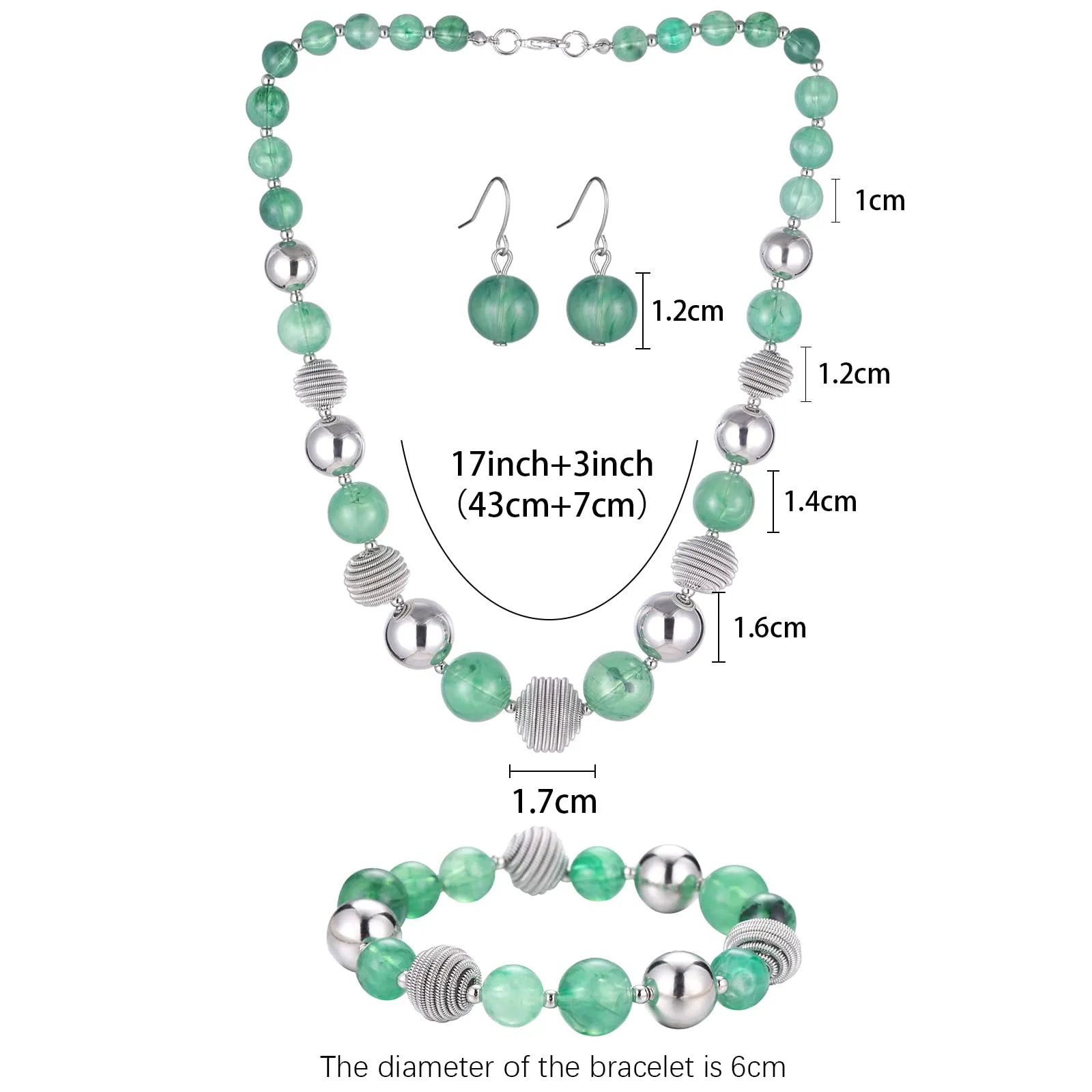 FULU AUTUMN 3 Pcs Parure di Gioielli, Set di Collana con Perle Grandi, Bracciale e Orecchini, Regalo di Compleanno per Donna, 43 cm, Pietra, Nessuna pietra preziosa - immagine 5