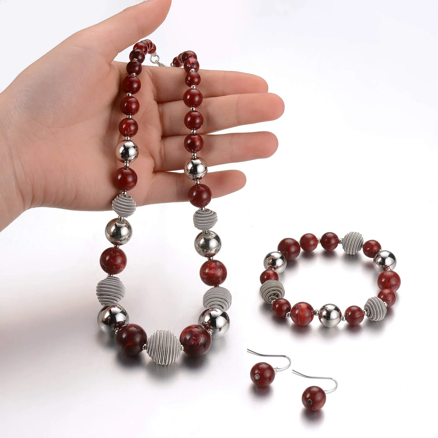FULU AUTUMN 3 Pcs Parure di Gioielli, Set di Collana, Bracciale e Orecchini con Perle Grandi, Regalo di Compleanno per Donna, Pietra, Nessuna pietra preziosa - immagine 5