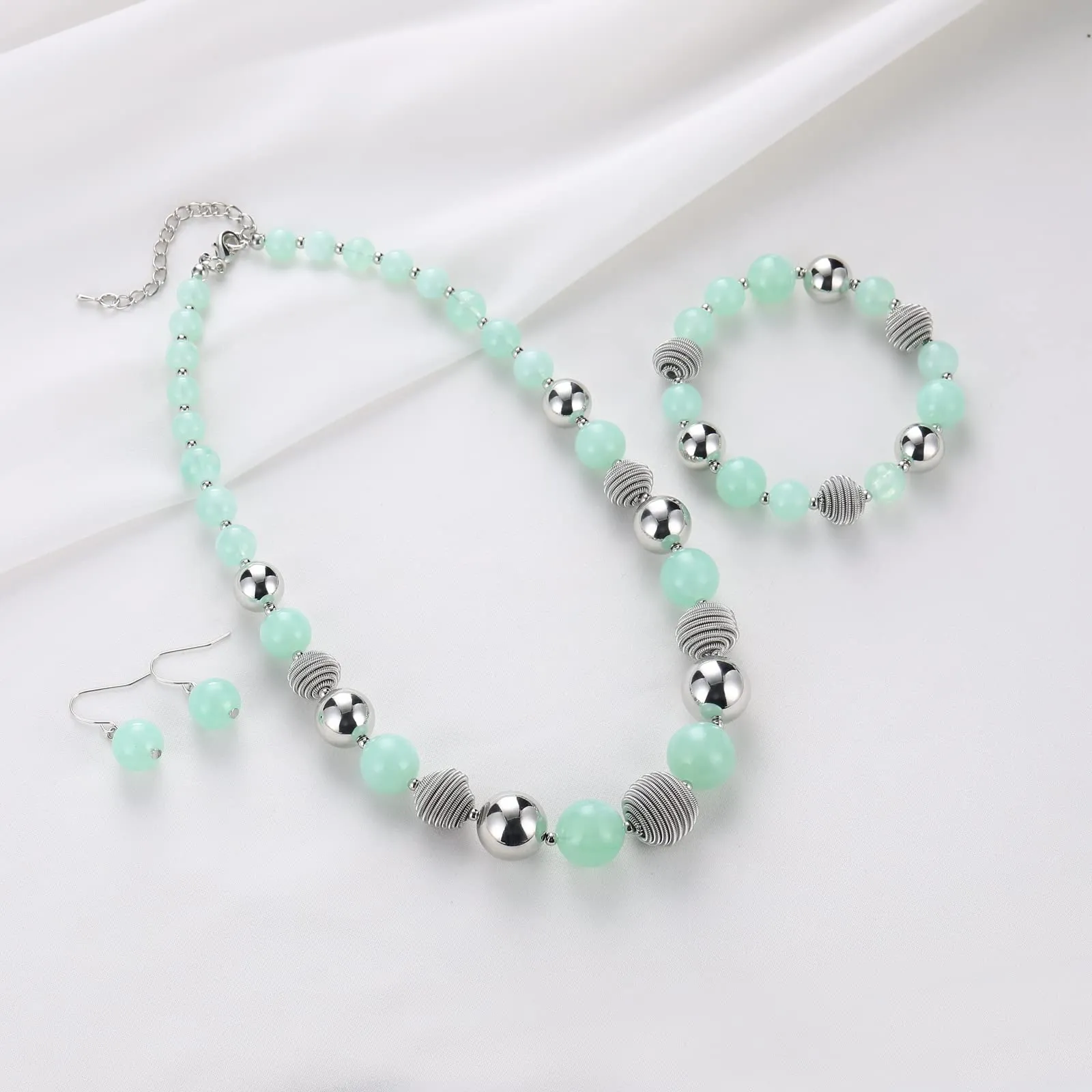 FULU AUTUMN Set di 3 gioielli con collana di perle grandi, bracciale e orecchini, regalo di compleanno per donna, Pietra, Nessuna pietra preziosa, verde chiaro - immagine 2