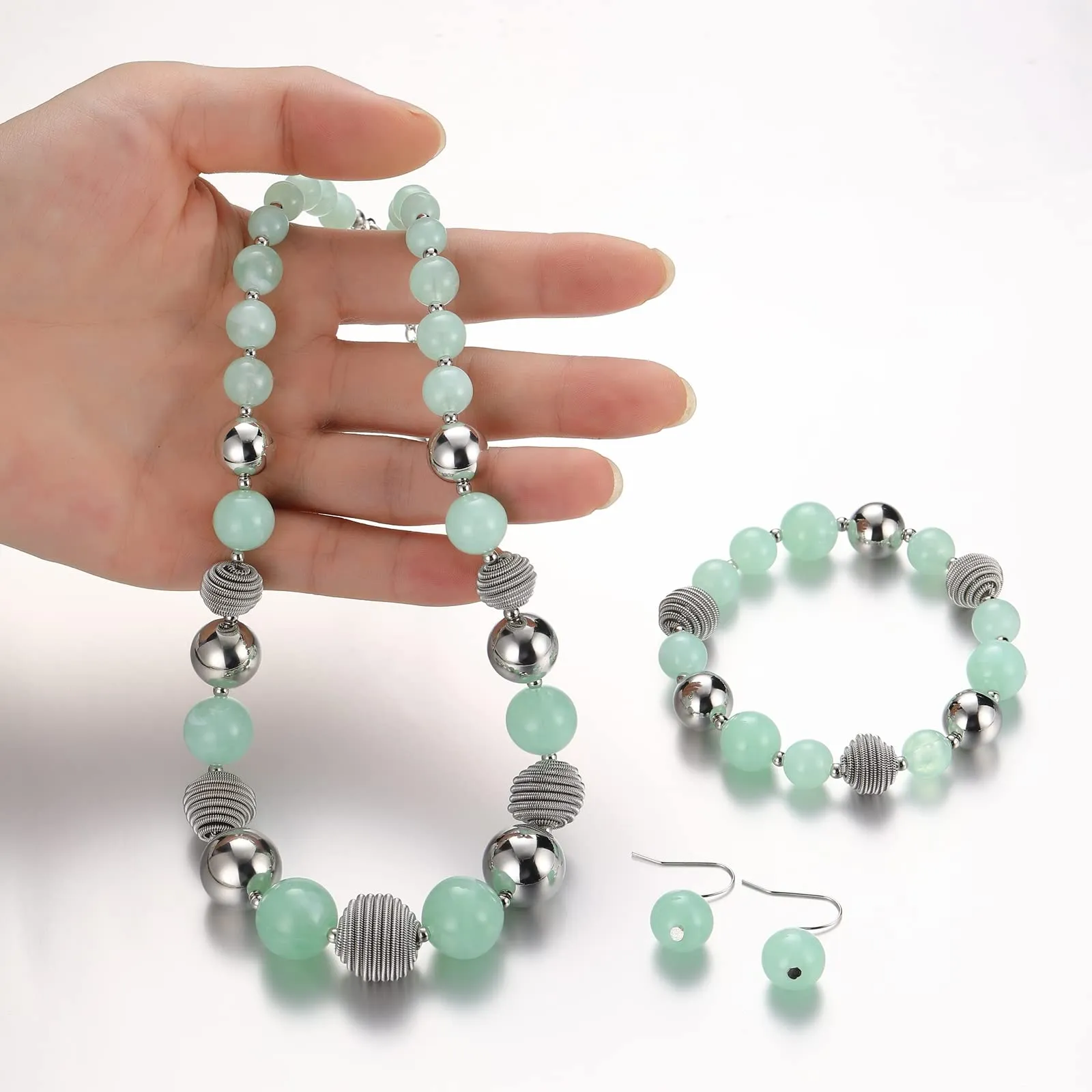 FULU AUTUMN Set di 3 gioielli con collana di perle grandi, bracciale e orecchini, regalo di compleanno per donna, Pietra, Nessuna pietra preziosa, verde chiaro - immagine 4