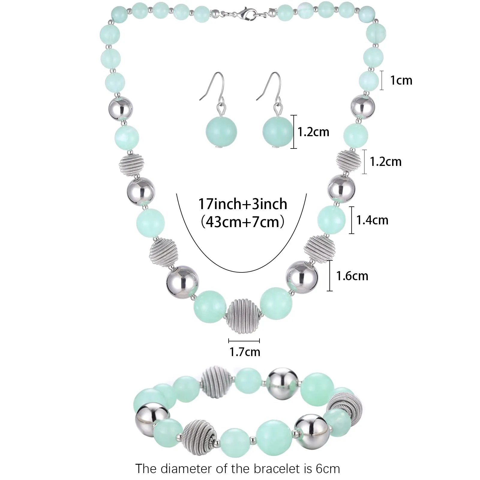 FULU AUTUMN Set di 3 gioielli con collana di perle grandi, bracciale e orecchini, regalo di compleanno per donna, Pietra, Nessuna pietra preziosa, verde chiaro - immagine 5