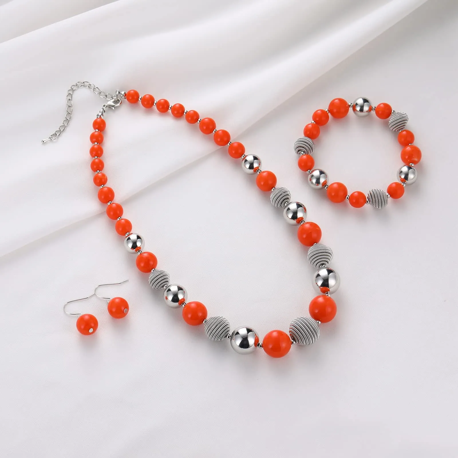 FULU AUTUMN Set di 3 gioielli con collana di perle grandi, bracciale e orecchini, regalo di compleanno per donna, Pietra, Nessuna pietra preziosa, arancione - immagine 2