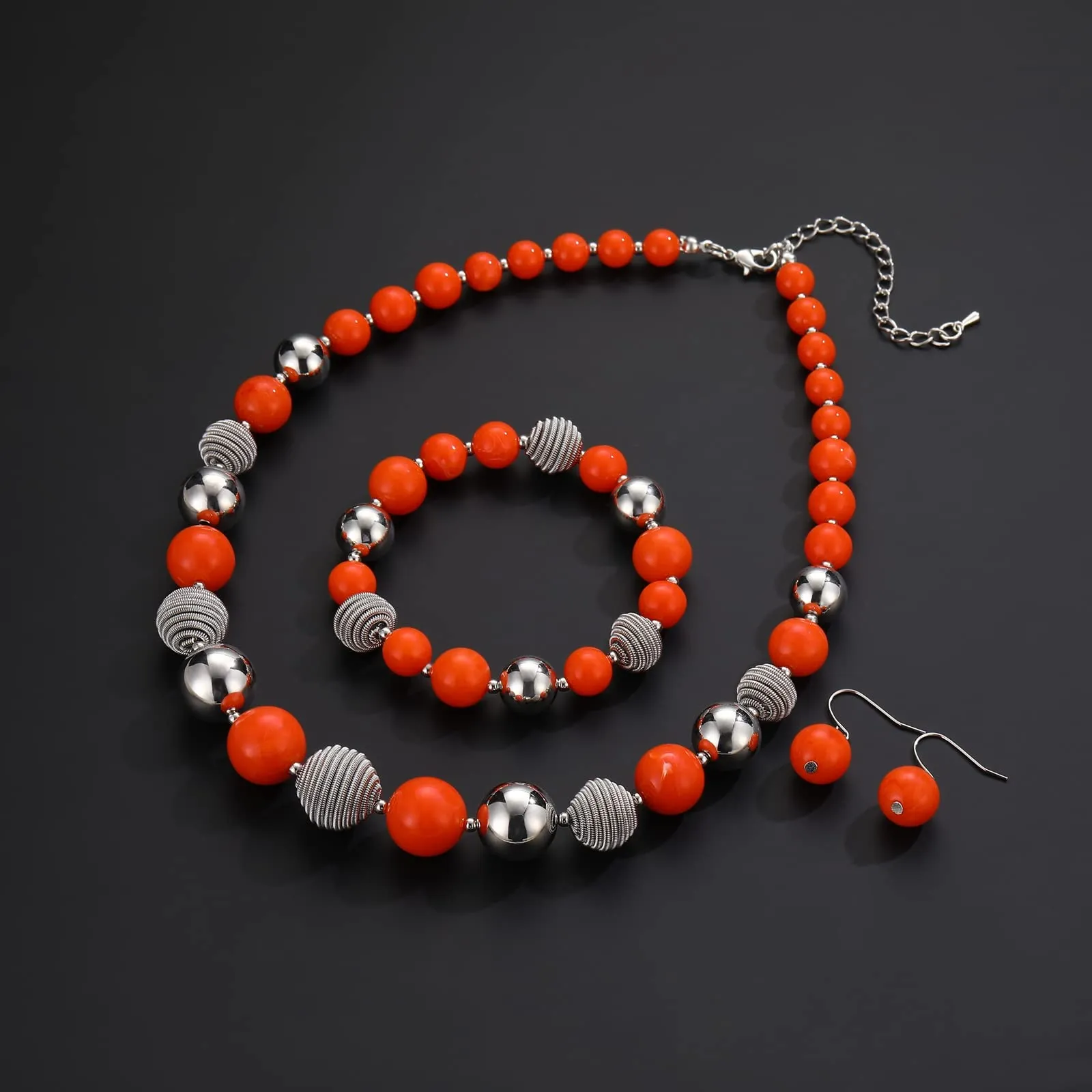 FULU AUTUMN Set di 3 gioielli con collana di perle grandi, bracciale e orecchini, regalo di compleanno per donna, Pietra, Nessuna pietra preziosa, arancione - immagine 3