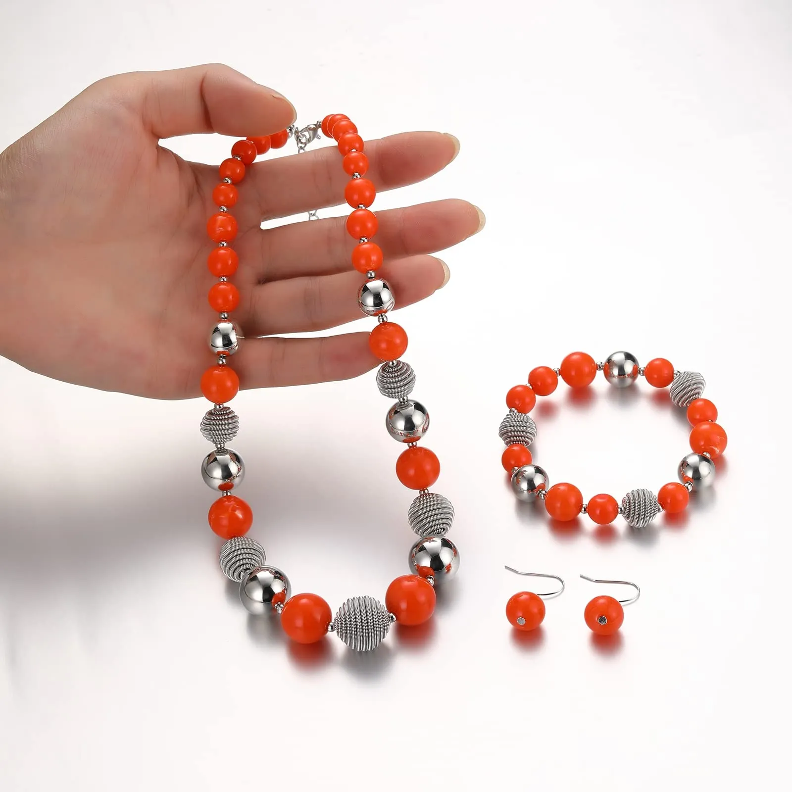 FULU AUTUMN Set di 3 gioielli con collana di perle grandi, bracciale e orecchini, regalo di compleanno per donna, Pietra, Nessuna pietra preziosa, arancione - immagine 4