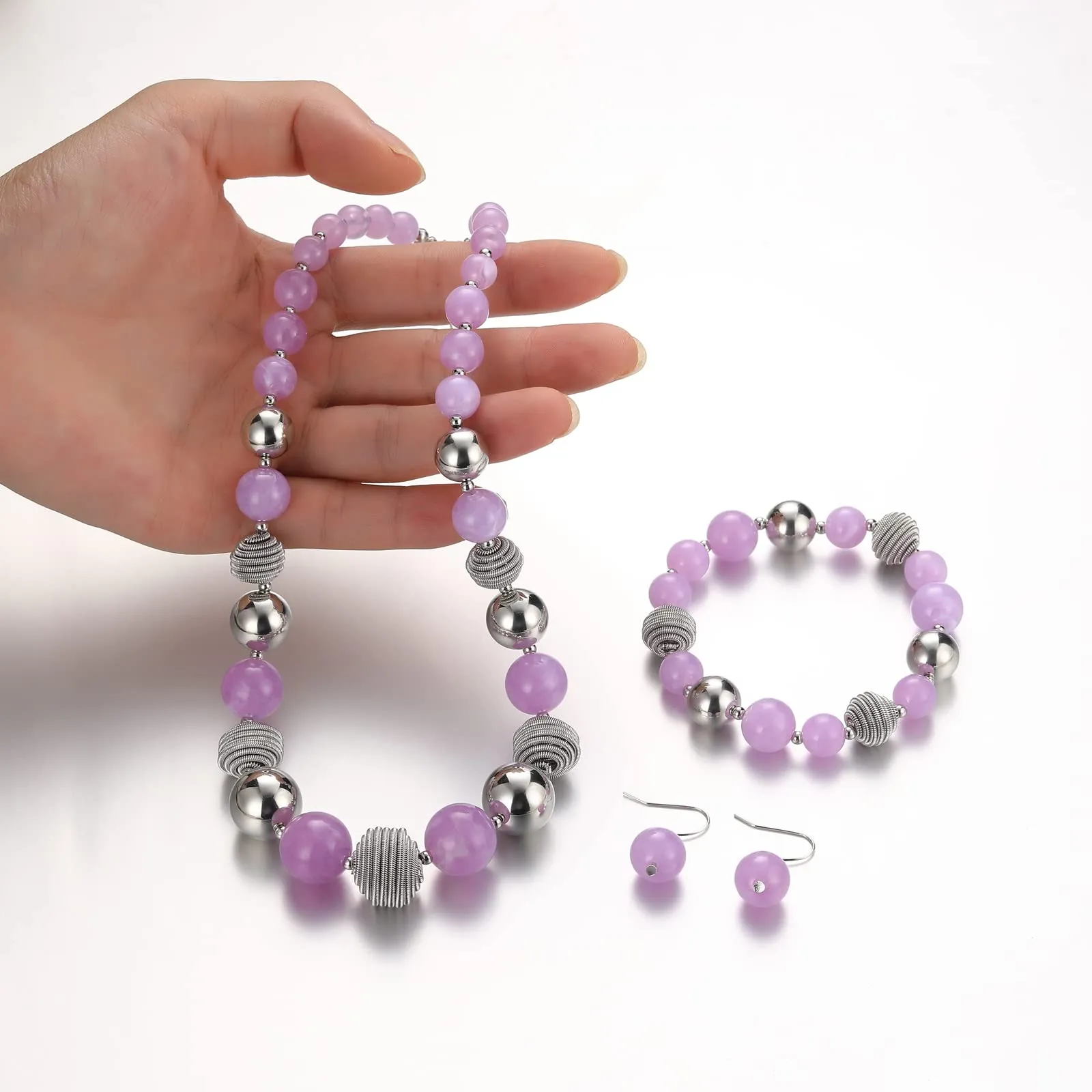 FULU AUTUMN 3 Pcs Parure di Gioielli, Set di Collana con Perle Grandi, Bracciale e Orecchini, Regalo di Compleanno per Donna, Pietra, Nessuna pietra preziosa - immagine 4