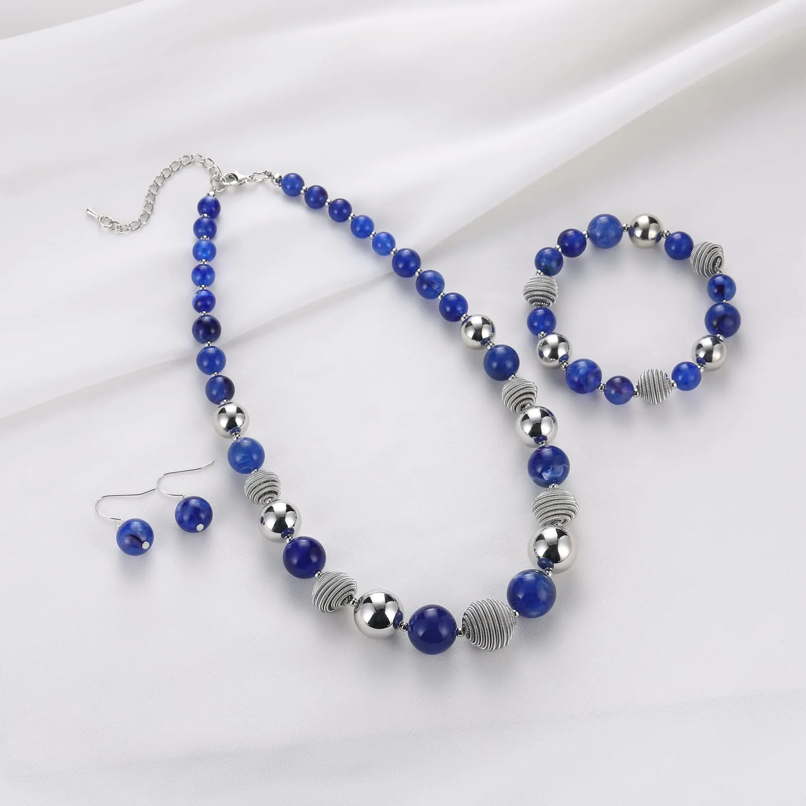 FULU AUTUMN Set di 3 gioielli con collana di perle grandi, bracciale e orecchini, regalo di compleanno per donna, Pietra, Nessuna pietra preziosa, zaffiro - immagine 2