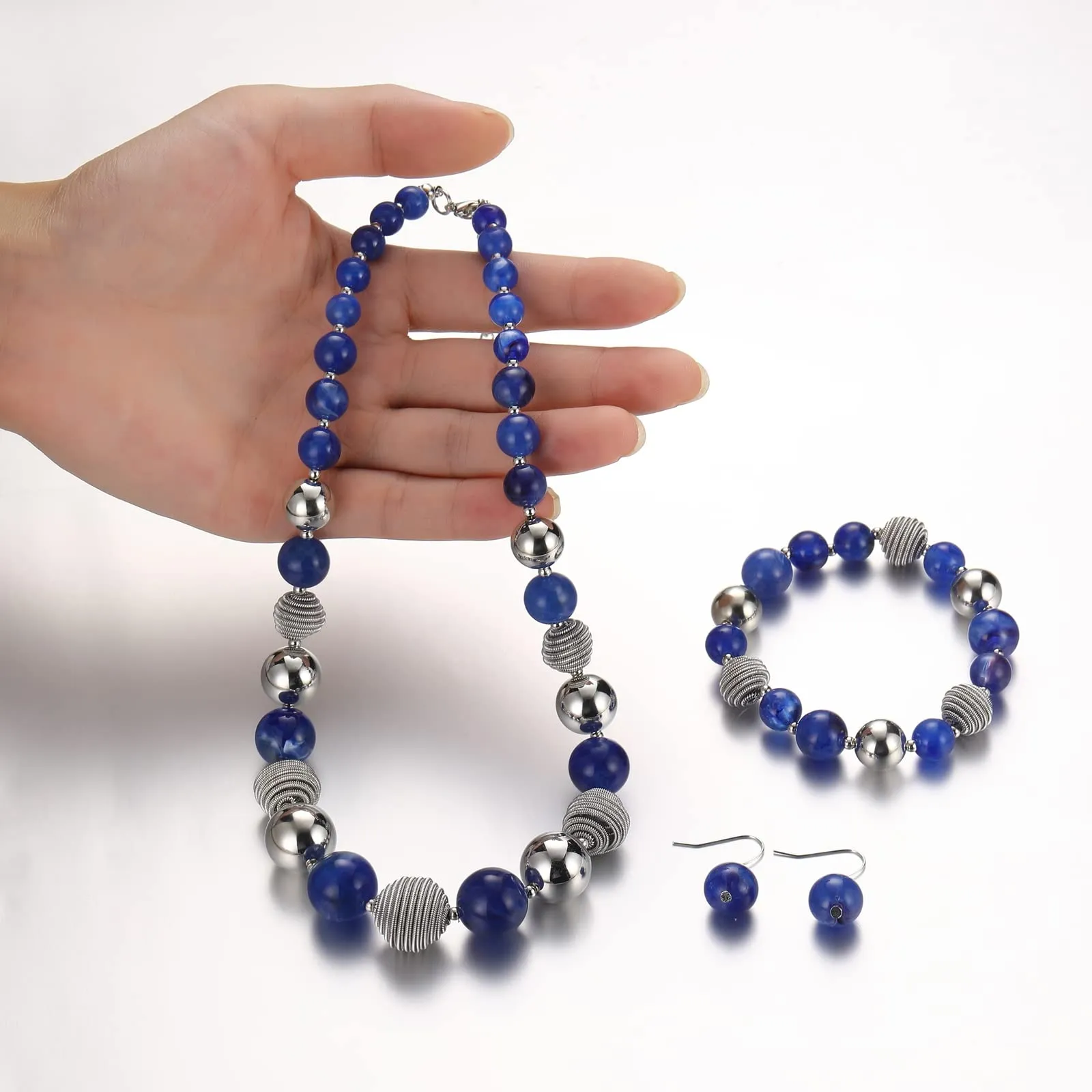FULU AUTUMN Set di 3 gioielli con collana di perle grandi, bracciale e orecchini, regalo di compleanno per donna, Pietra, Nessuna pietra preziosa, zaffiro - immagine 4