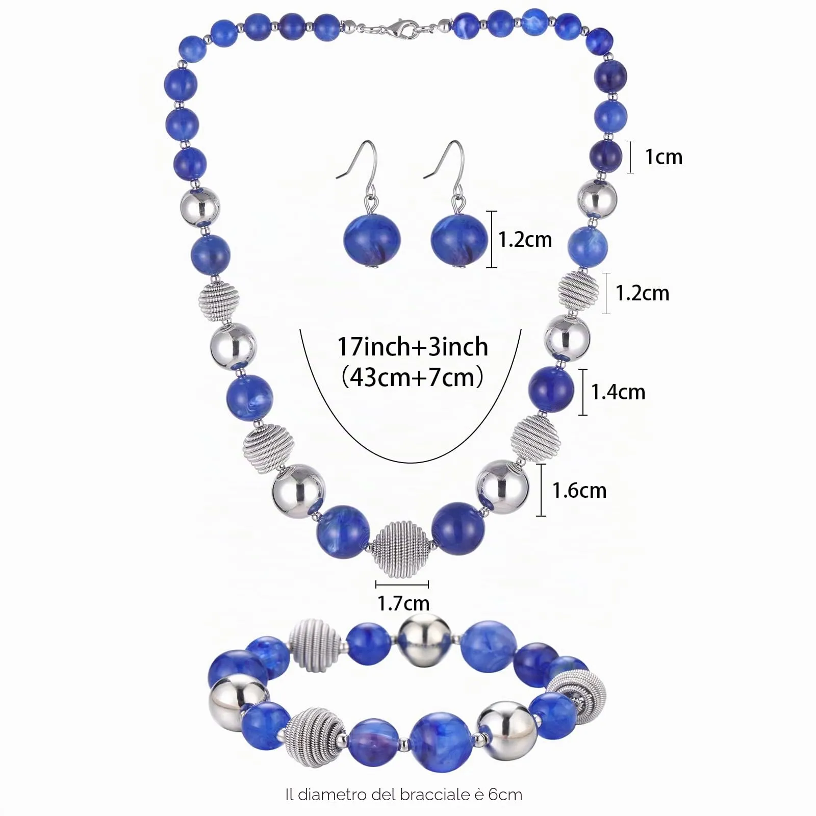 FULU AUTUMN Set di 3 gioielli con collana di perle grandi, bracciale e orecchini, regalo di compleanno per donna, Pietra, Nessuna pietra preziosa, zaffiro - immagine 5