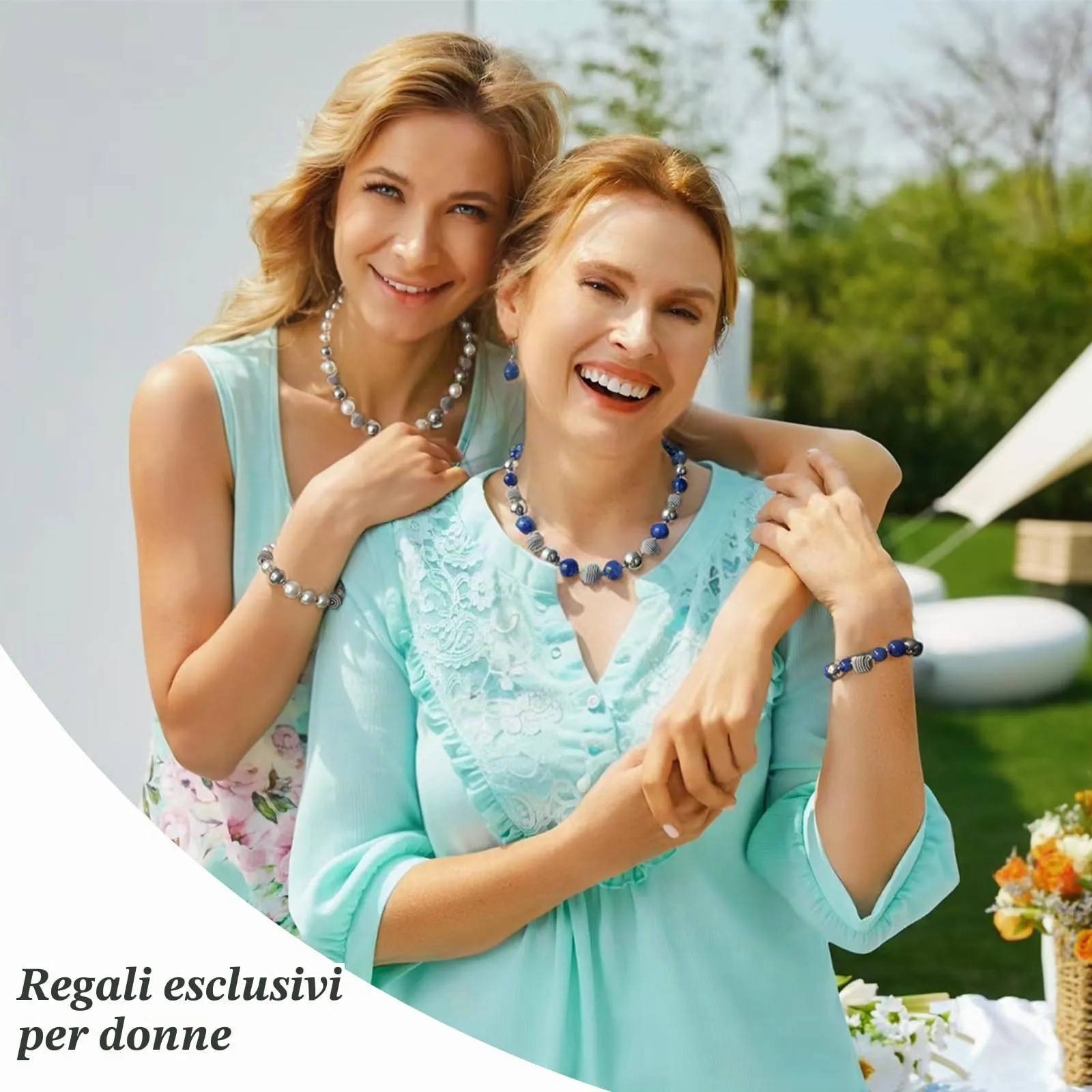 FULU AUTUMN Set di 3 gioielli con collana di perle grandi, bracciale e orecchini, regalo di compleanno per donna, Pietra, Nessuna pietra preziosa, zaffiro - immagine 6