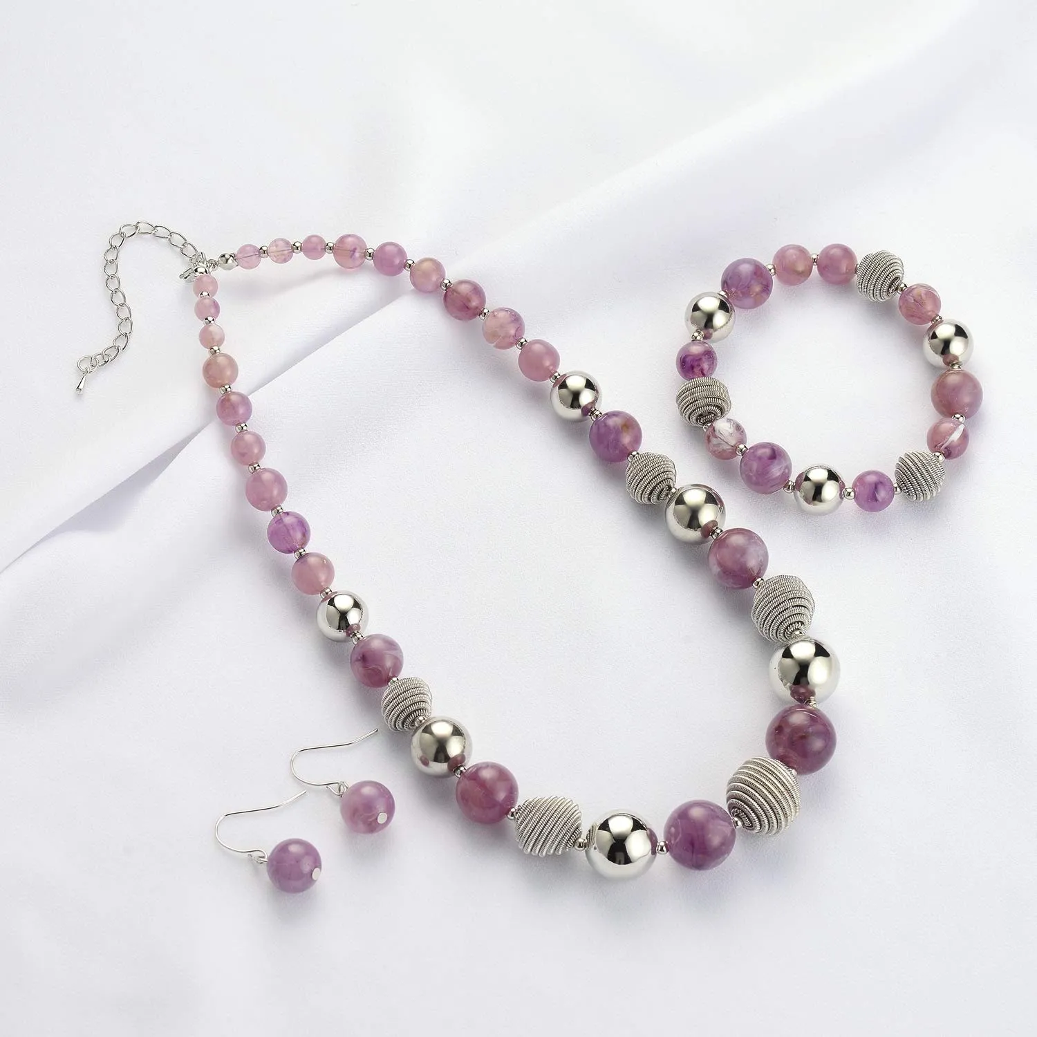 FULU AUTUMN Set di 3 gioielli con collana di perle grandi, bracciale e orecchini, regalo di compleanno per donna, Pietra, Nessuna pietra preziosa, viola. - immagine 2