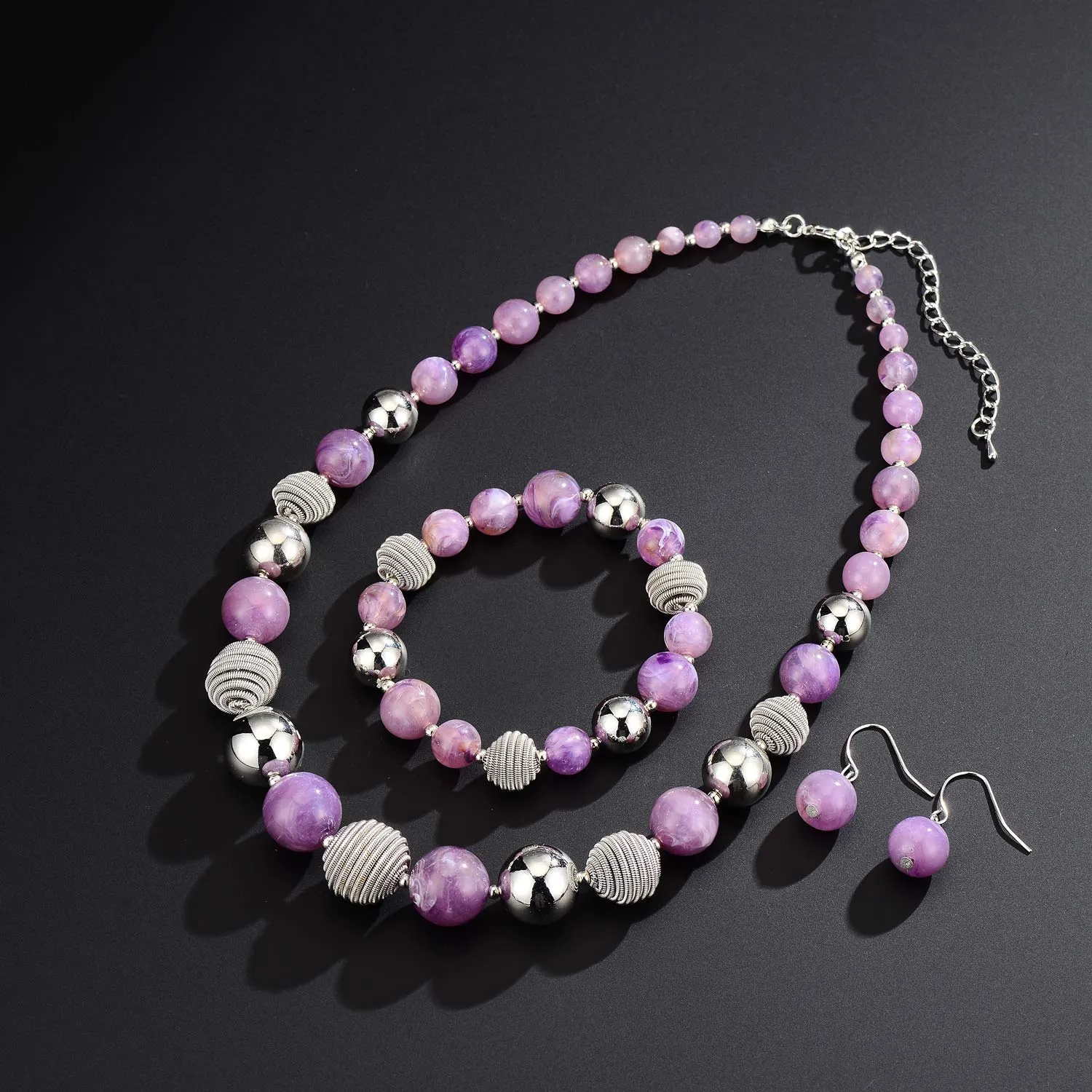 FULU AUTUMN Set di 3 gioielli con collana di perle grandi, bracciale e orecchini, regalo di compleanno per donna, Pietra, Nessuna pietra preziosa, viola. - immagine 3
