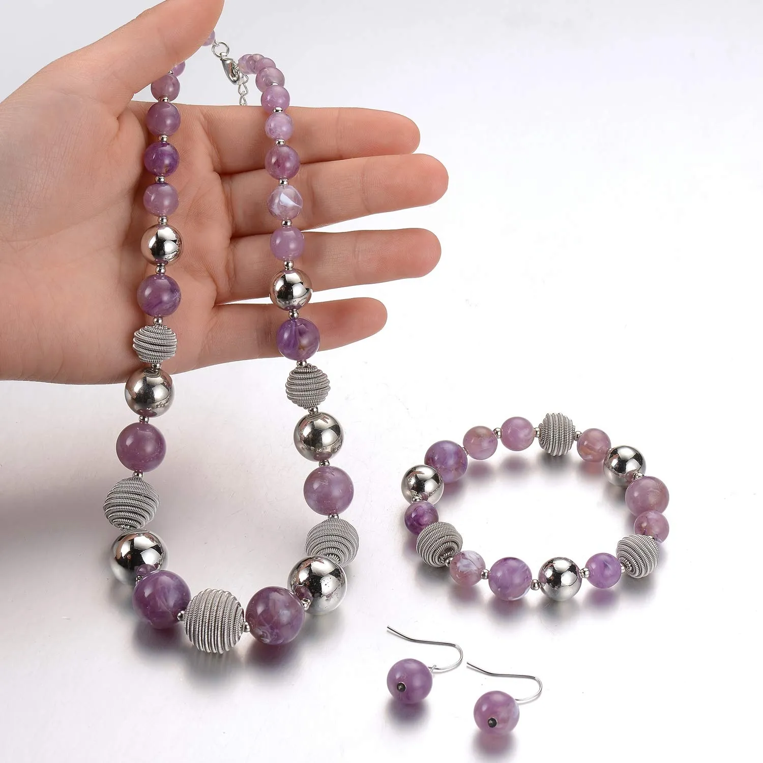 FULU AUTUMN Set di 3 gioielli con collana di perle grandi, bracciale e orecchini, regalo di compleanno per donna, Pietra, Nessuna pietra preziosa, viola. - immagine 4