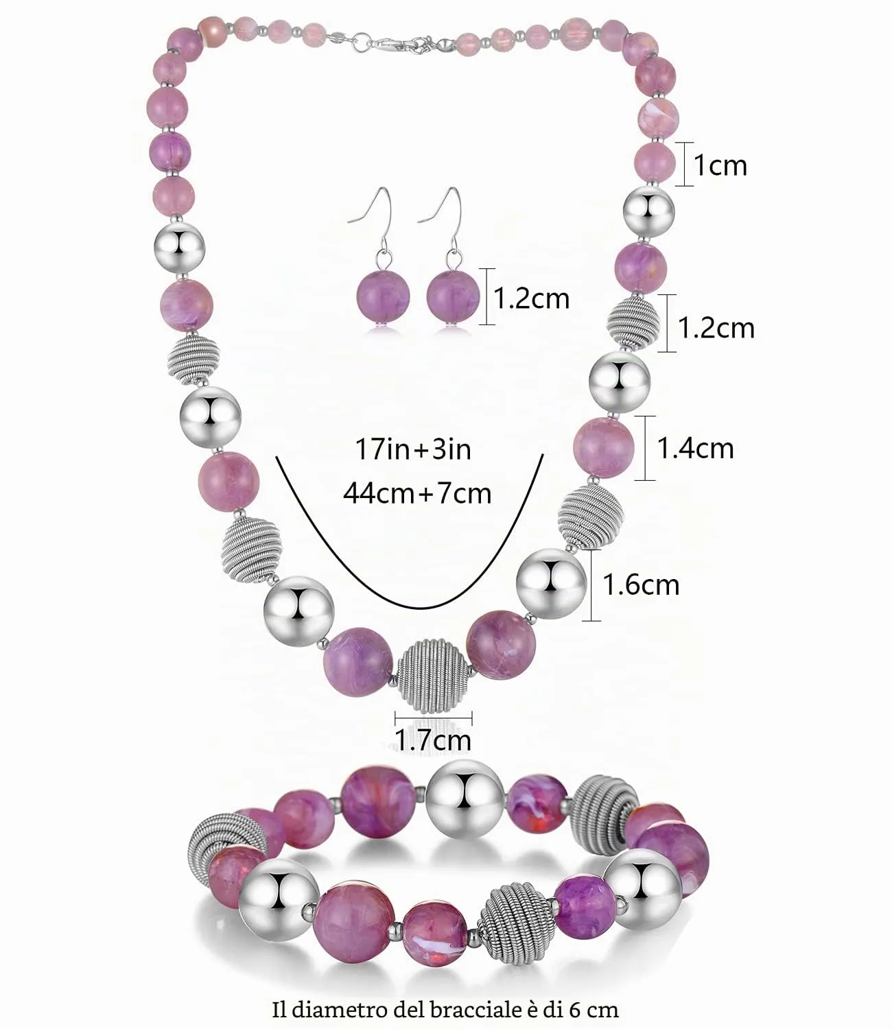 FULU AUTUMN Set di 3 gioielli con collana di perle grandi, bracciale e orecchini, regalo di compleanno per donna, Pietra, Nessuna pietra preziosa, viola. - immagine 5