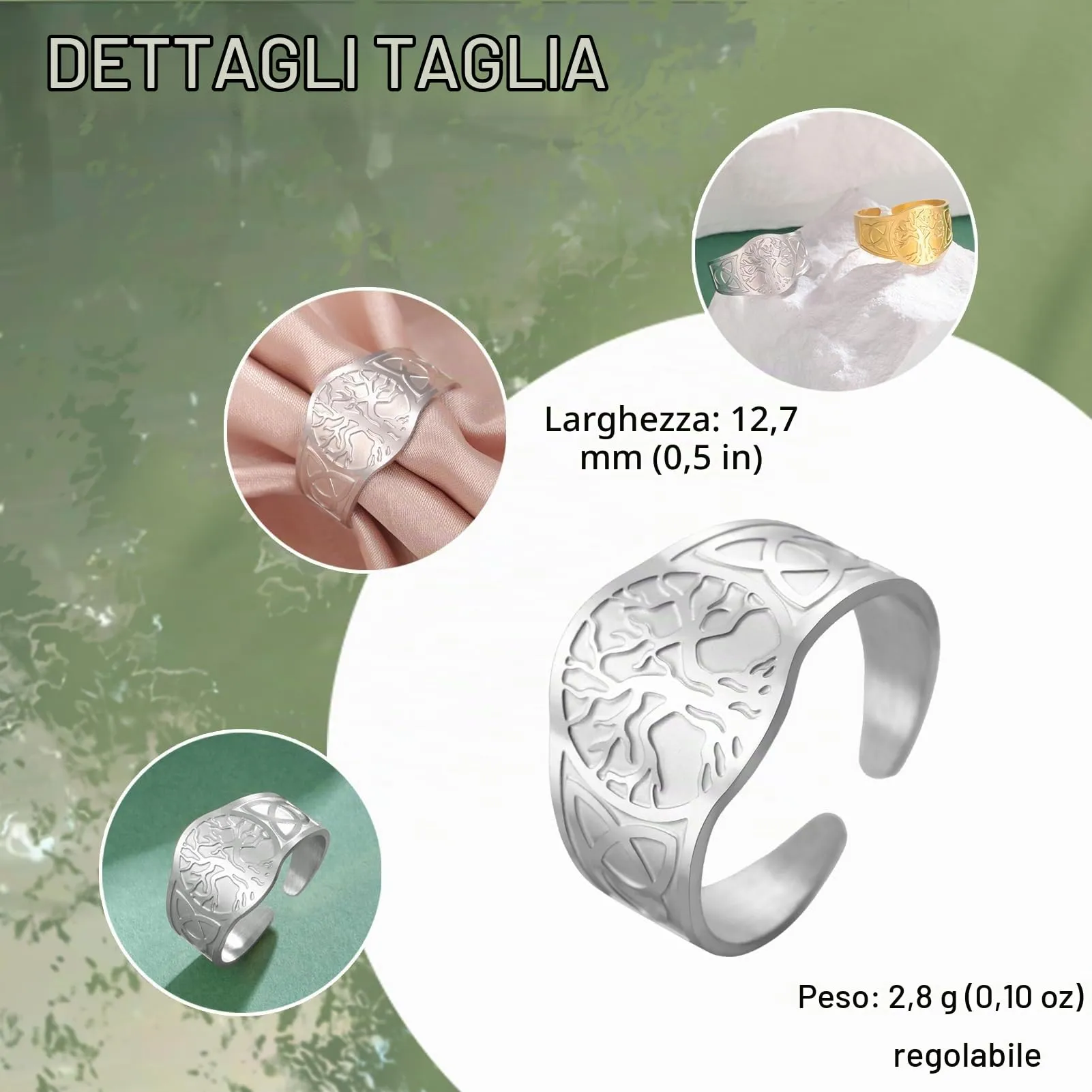 Dreamtimes Yggdrasil Albero della Vita Anello per uomo donna Anello vintage regolabile Anello in acciaio inossidabile vichingo nodo celtico (argento) - immagine 5