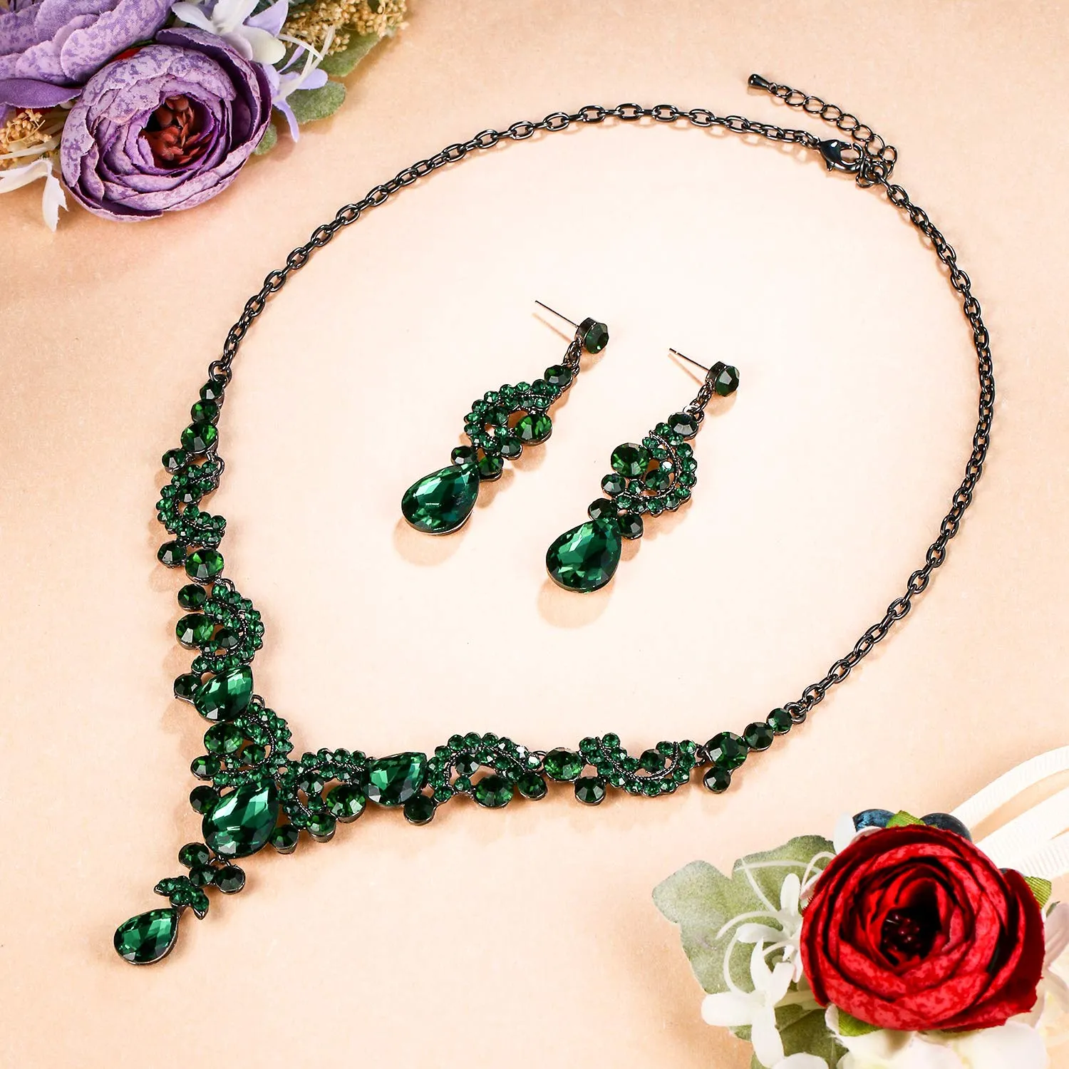 EVER FAITH Set di orecchini a goccia di strass di cristallo nozze fiore albero, - immagine 3