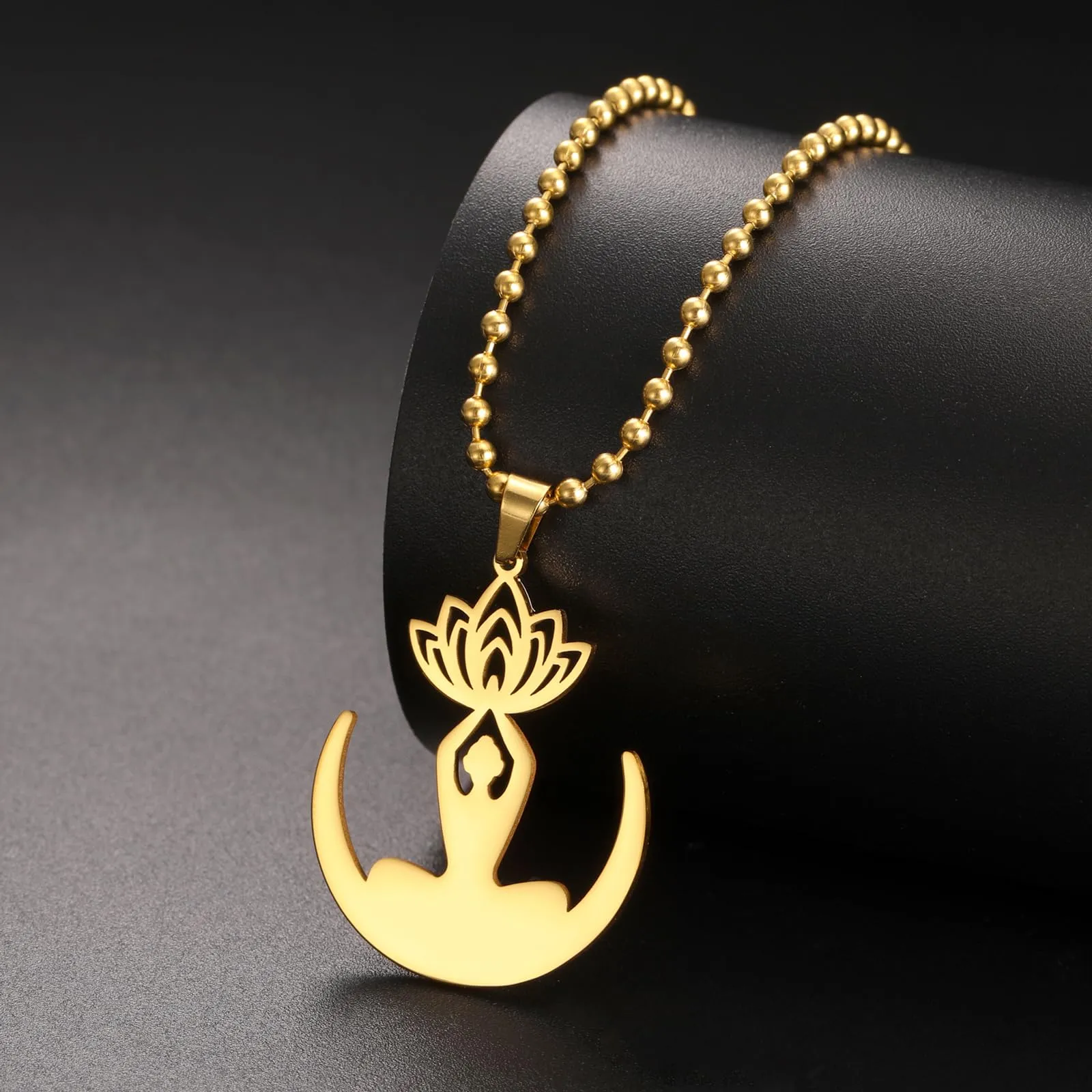 VASSAGO Collana da donna con ciondolo a forma di fiore di loto con Buddha, in acciaio inossidabile, con simbolo unalome, amuleto, gioielli religiosi, Misura unica, Acciaio inossidabile, Nessuna pietra - immagine 3