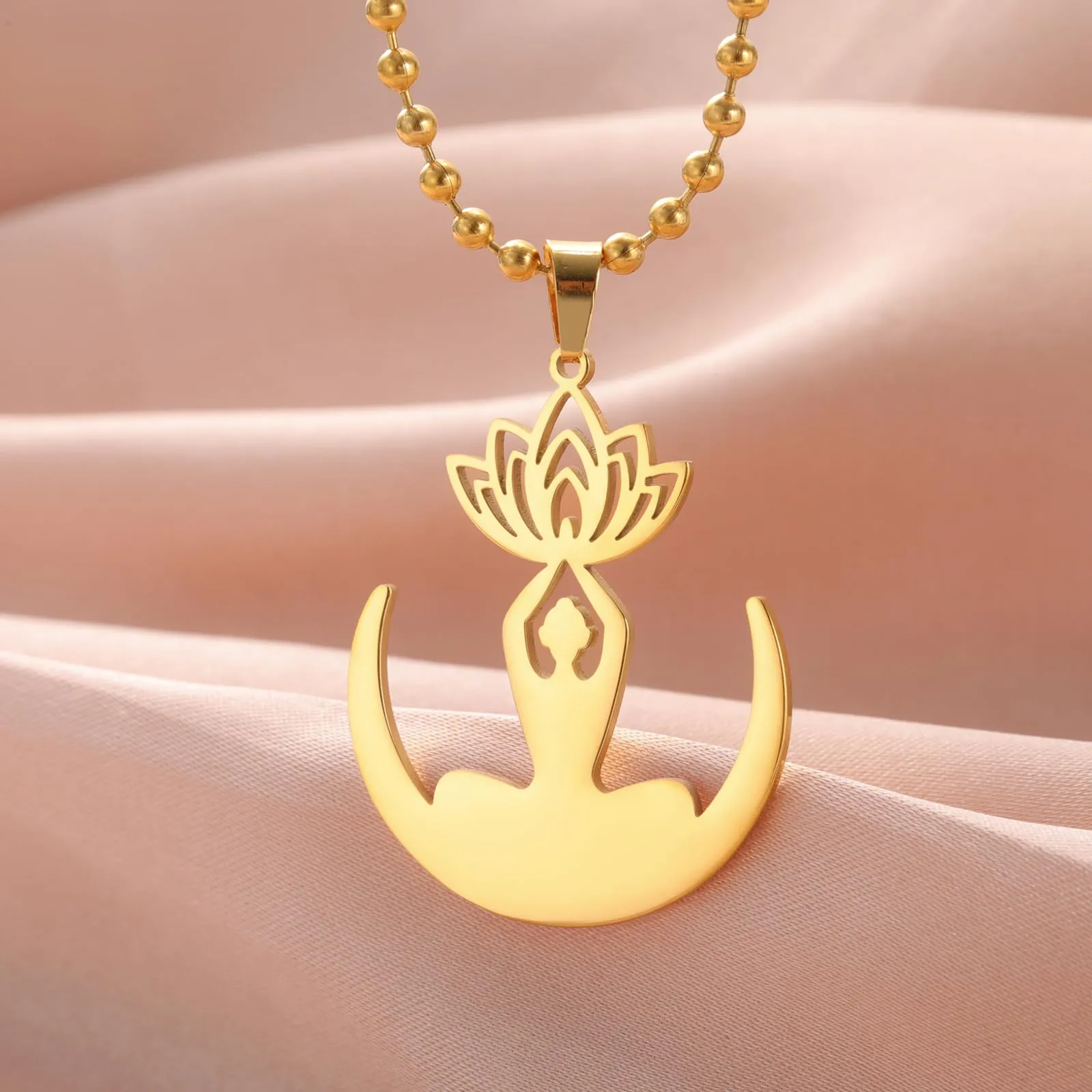 VASSAGO Collana da donna con ciondolo a forma di fiore di loto con Buddha, in acciaio inossidabile, con simbolo unalome, amuleto, gioielli religiosi, Misura unica, Acciaio inossidabile, Nessuna pietra - immagine 4
