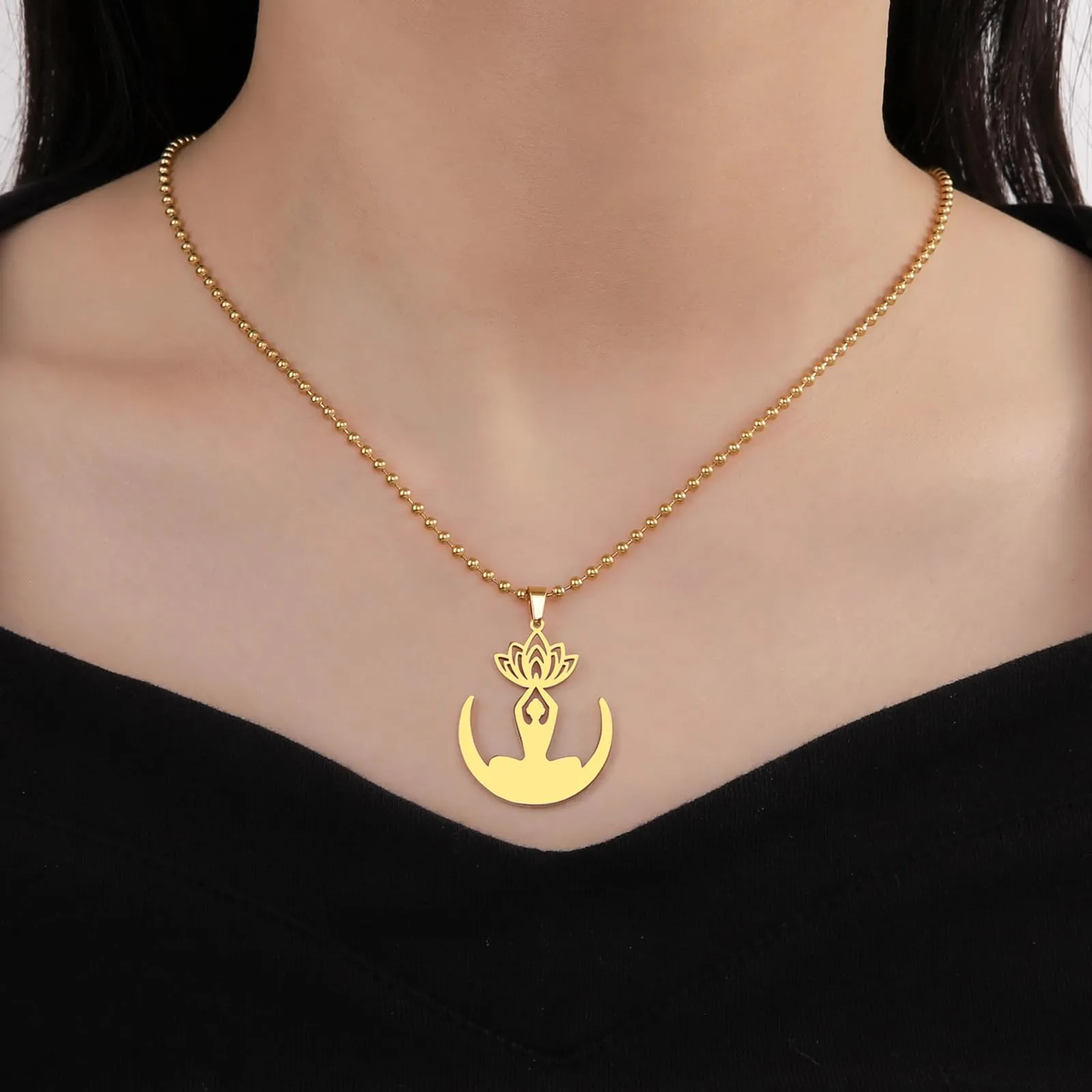 VASSAGO Collana da donna con ciondolo a forma di fiore di loto con Buddha, in acciaio inossidabile, con simbolo unalome, amuleto, gioielli religiosi, Misura unica, Acciaio inossidabile, Nessuna pietra - immagine 5