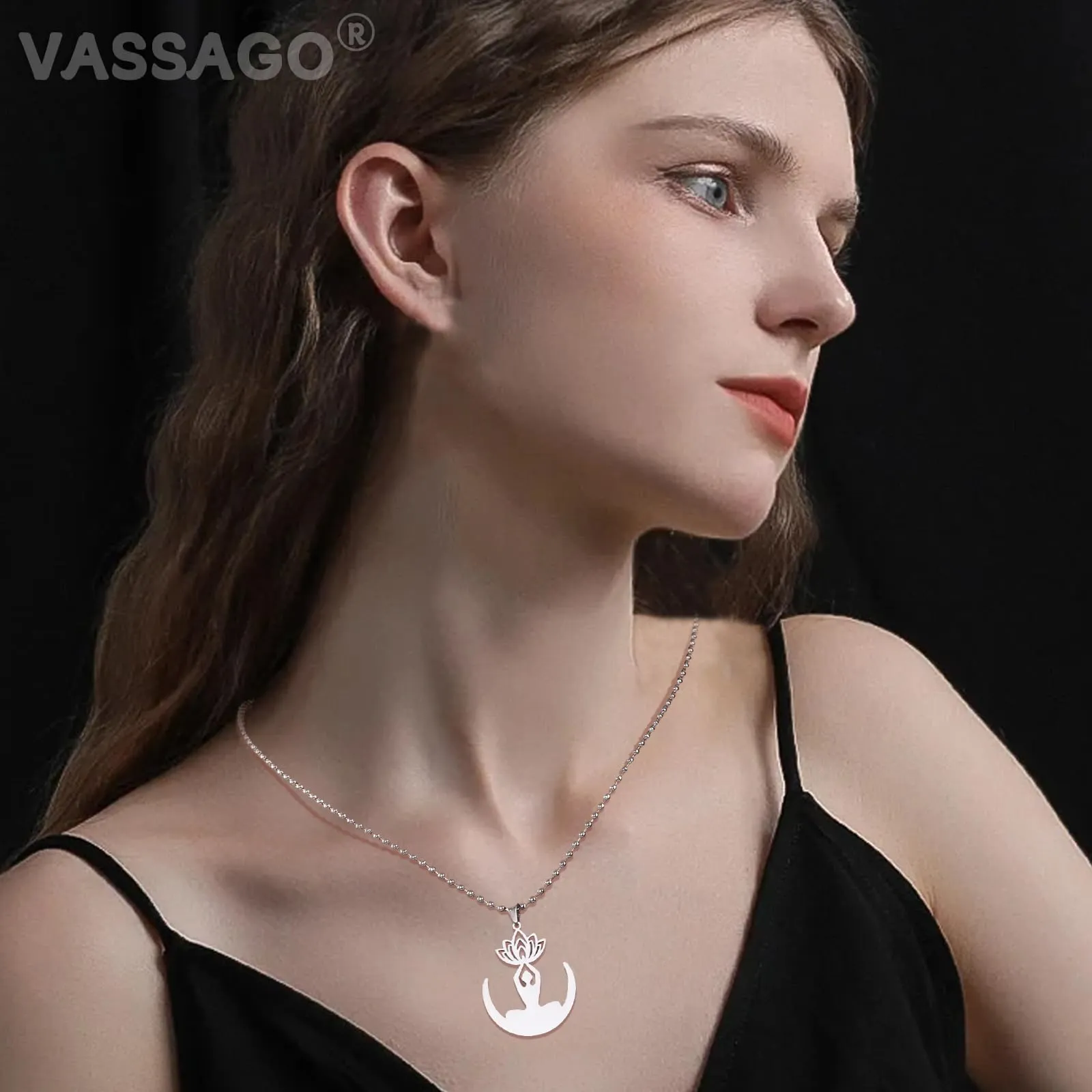 VASSAGO Collana da donna con ciondolo a forma di fiore di loto con Buddha, in acciaio inossidabile, con simbolo unalome, amuleto, gioielli religiosi, Misura unica, Acciaio inossidabile, Nessuna pietra - immagine 2