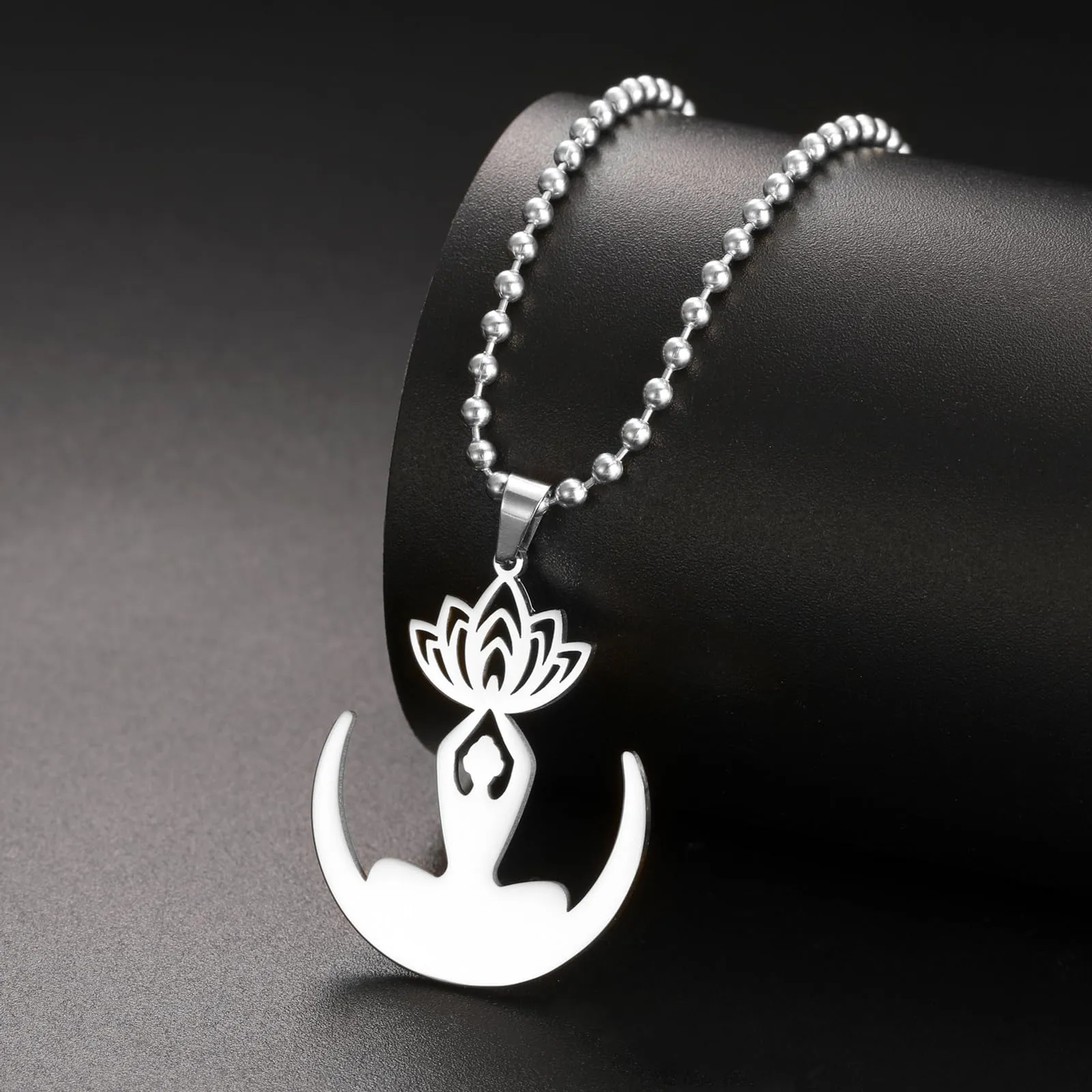 VASSAGO Collana da donna con ciondolo a forma di fiore di loto con Buddha, in acciaio inossidabile, con simbolo unalome, amuleto, gioielli religiosi, Misura unica, Acciaio inossidabile, Nessuna pietra - immagine 3