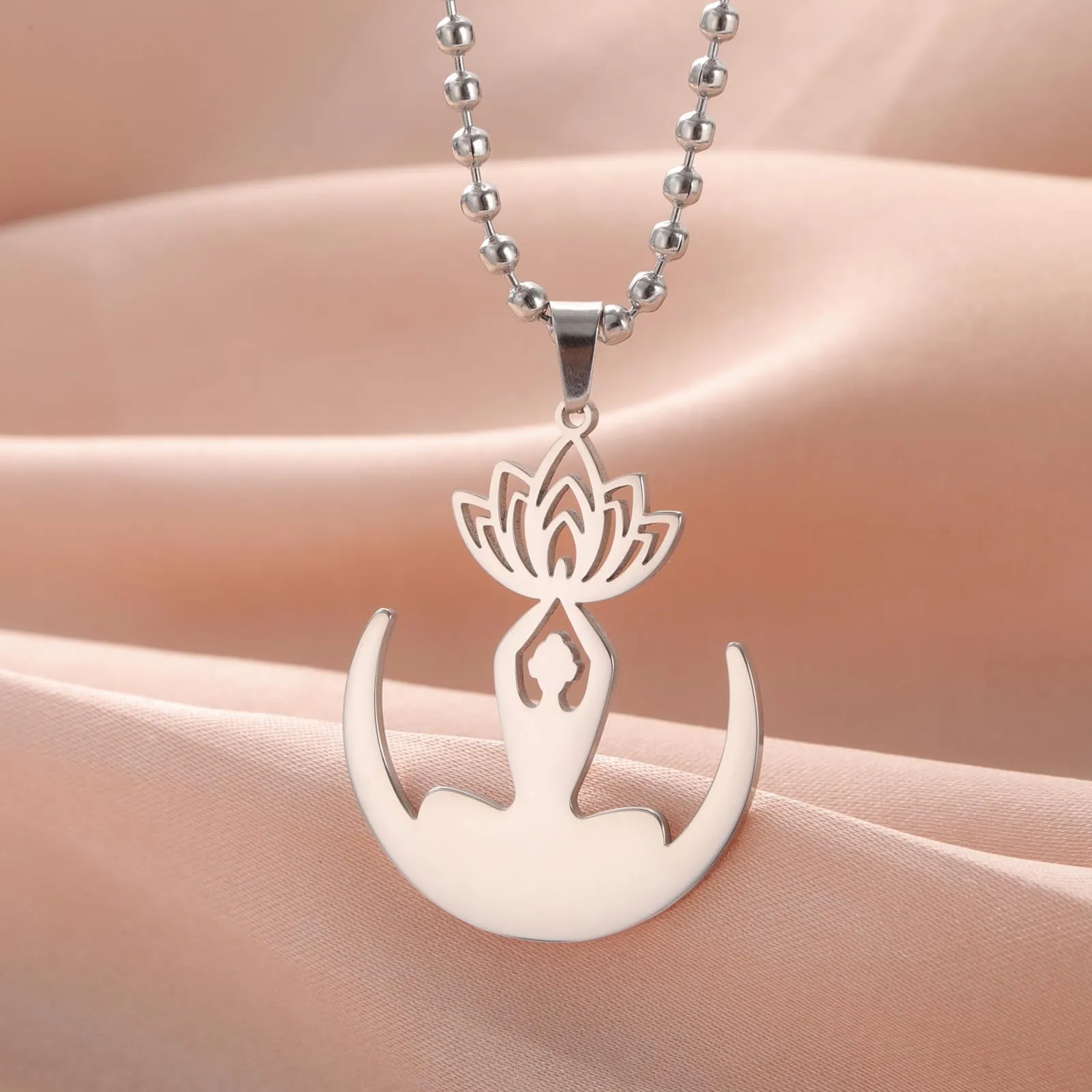 VASSAGO Collana da donna con ciondolo a forma di fiore di loto con Buddha, in acciaio inossidabile, con simbolo unalome, amuleto, gioielli religiosi, Misura unica, Acciaio inossidabile, Nessuna pietra - immagine 4
