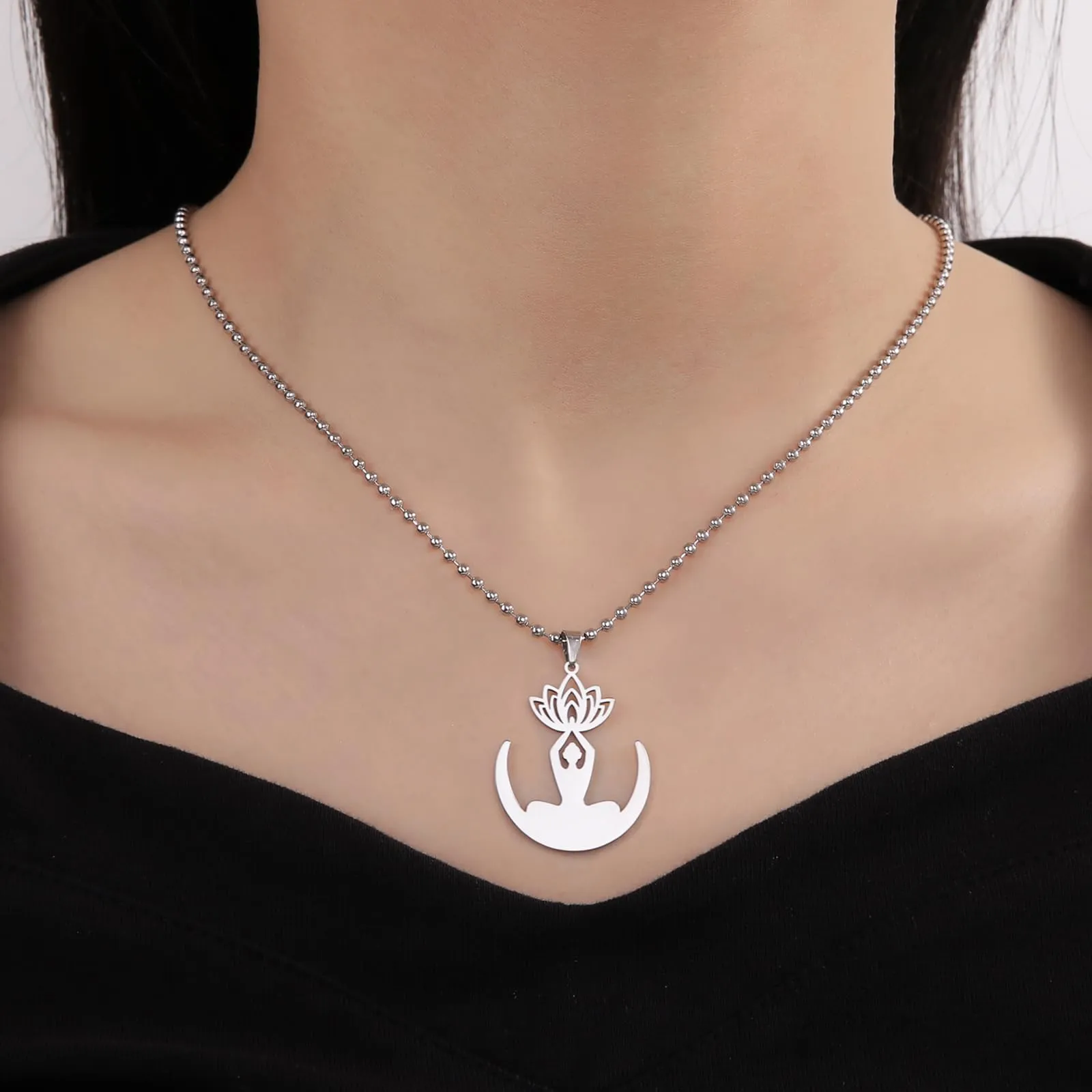VASSAGO Collana da donna con ciondolo a forma di fiore di loto con Buddha, in acciaio inossidabile, con simbolo unalome, amuleto, gioielli religiosi, Misura unica, Acciaio inossidabile, Nessuna pietra - immagine 5