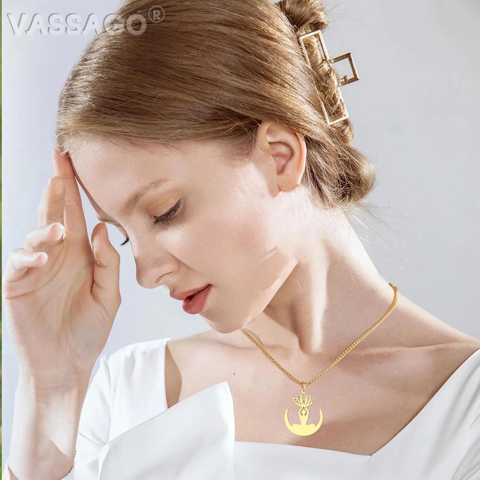 VASSAGO Collana da donna con ciondolo a forma di fiore di loto con Buddha, in acciaio inossidabile, con simbolo unalome, amuleto, gioielli religiosi, Misura unica, Acciaio inossidabile, Nessuna pietra - immagine 2