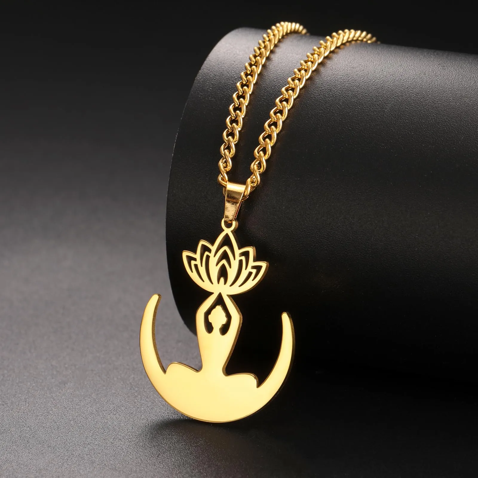 VASSAGO Collana da donna con ciondolo a forma di fiore di loto con Buddha, in acciaio inossidabile, con simbolo unalome, amuleto, gioielli religiosi, Misura unica, Acciaio inossidabile, Nessuna pietra - immagine 3
