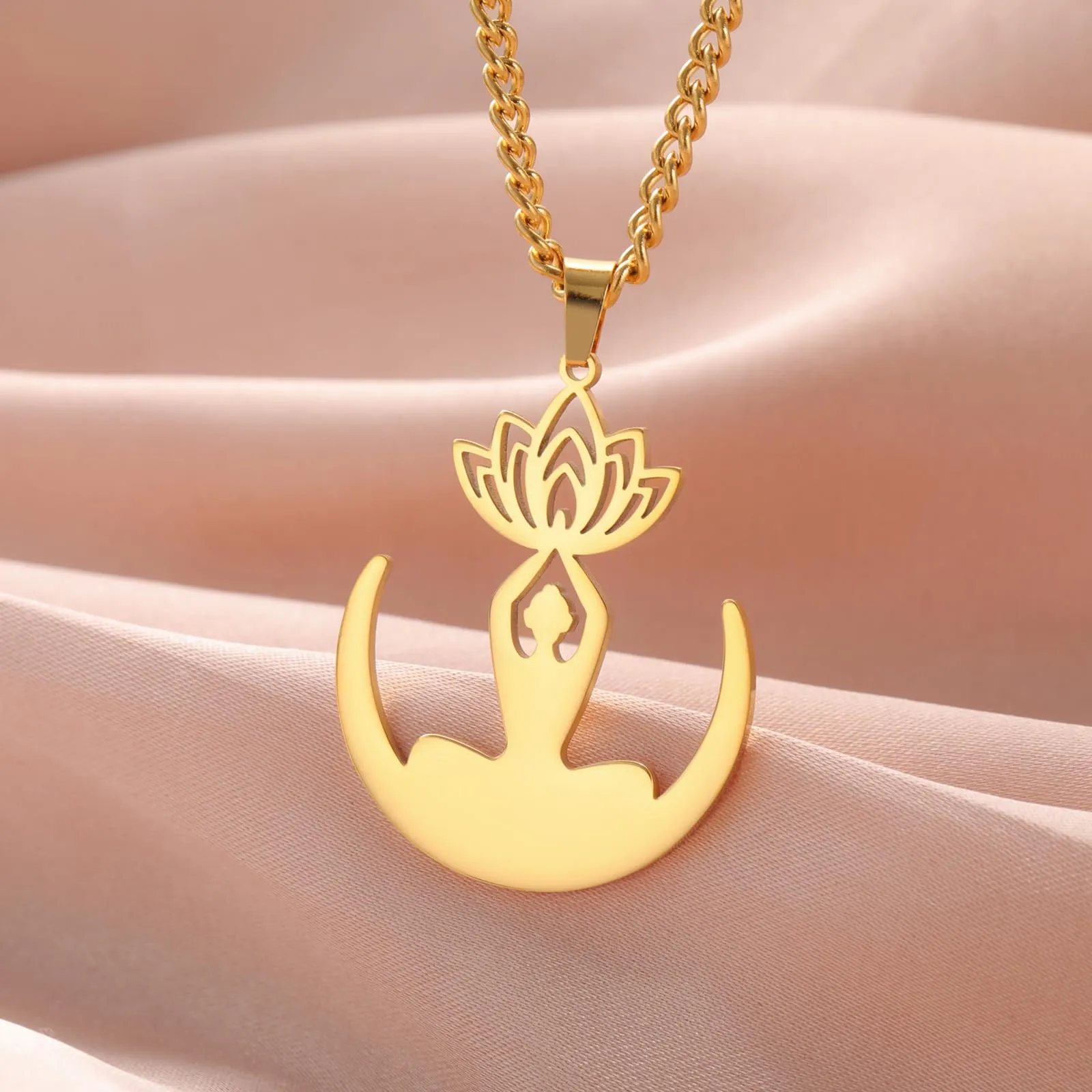 VASSAGO Collana da donna con ciondolo a forma di fiore di loto con Buddha, in acciaio inossidabile, con simbolo unalome, amuleto, gioielli religiosi, Misura unica, Acciaio inossidabile, Nessuna pietra - immagine 4