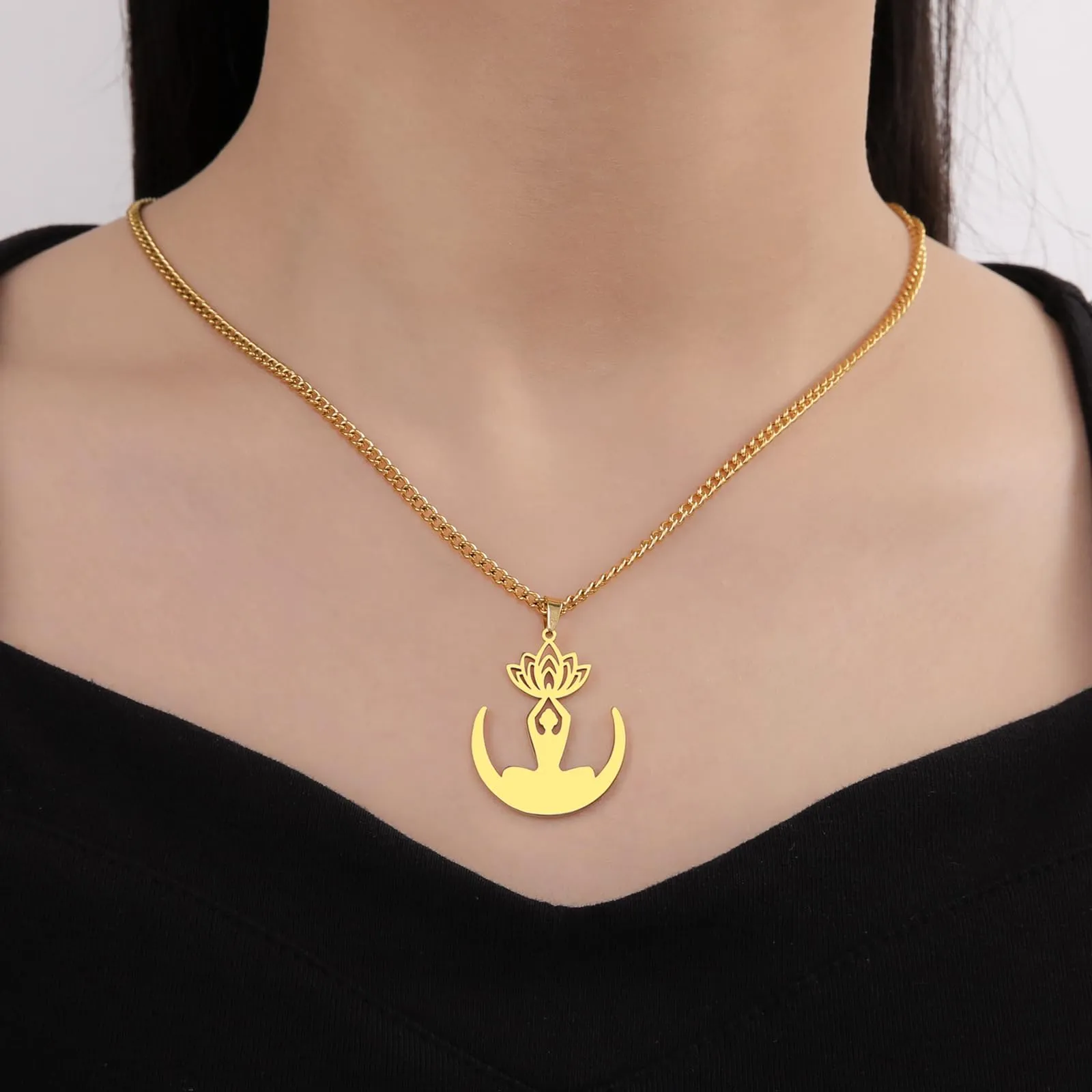 VASSAGO Collana da donna con ciondolo a forma di fiore di loto con Buddha, in acciaio inossidabile, con simbolo unalome, amuleto, gioielli religiosi, Misura unica, Acciaio inossidabile, Nessuna pietra - immagine 5