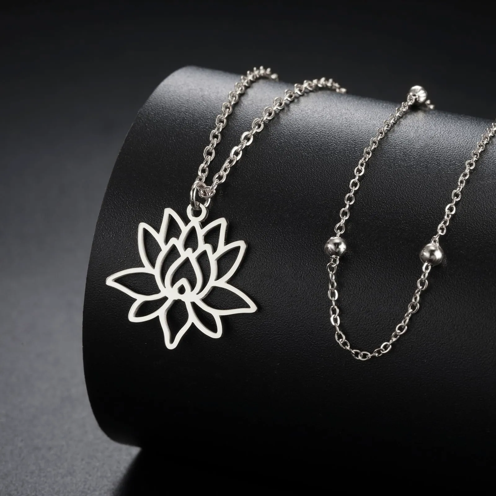 VASSAGO Collana da donna con ciondolo a forma di fiore di loto con Buddha, in acciaio inossidabile, con simbolo unalome, amuleto, gioielli religiosi, Misura unica, Acciaio inossidabile, Nessuna pietra - immagine 3
