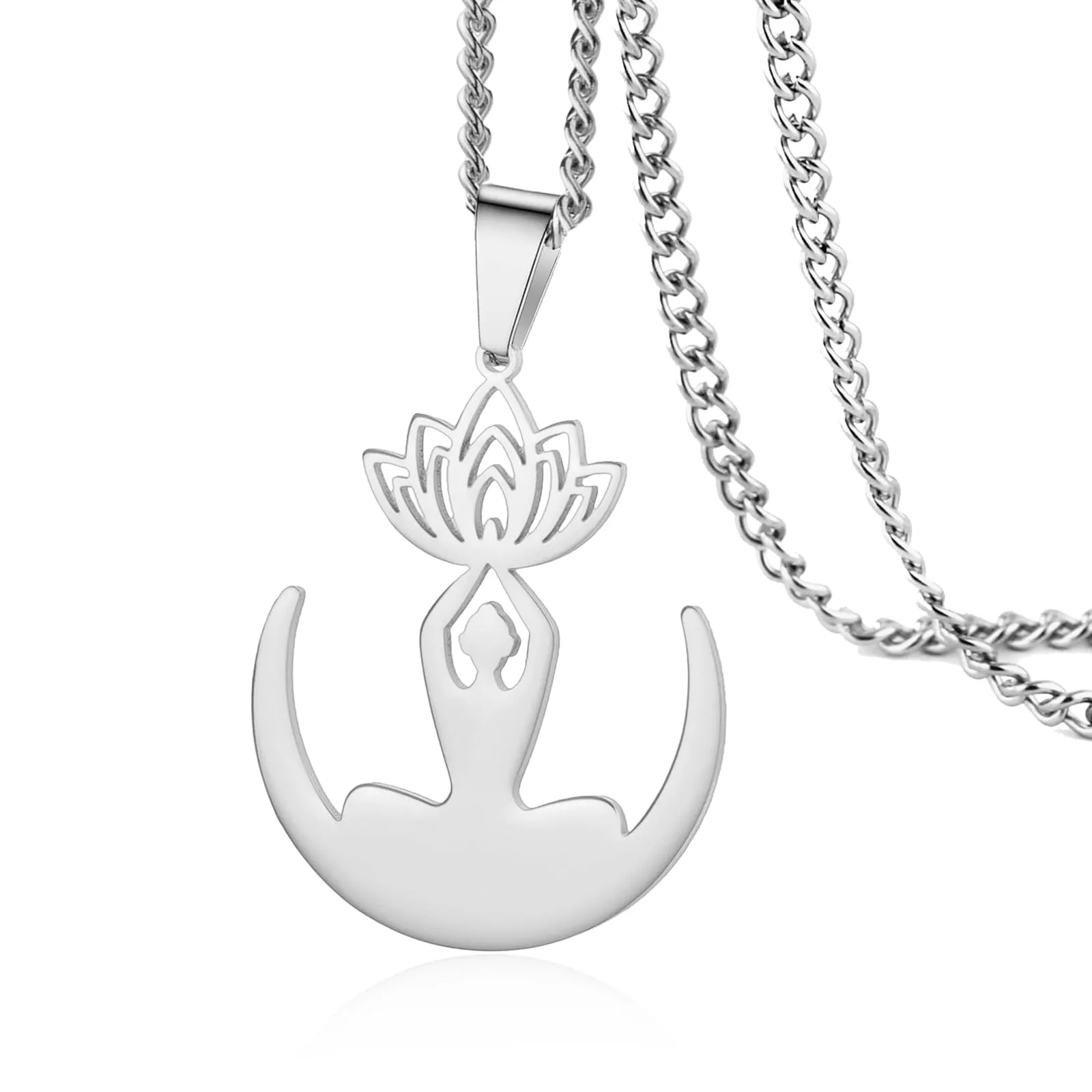 VASSAGO Collana da donna con ciondolo a forma di fiore di loto con Buddha, in acciaio inossidabile, con simbolo unalome, amuleto, gioielli religiosi, Misura unica, Acciaio inossidabile, Nessuna pietra - immagine 1