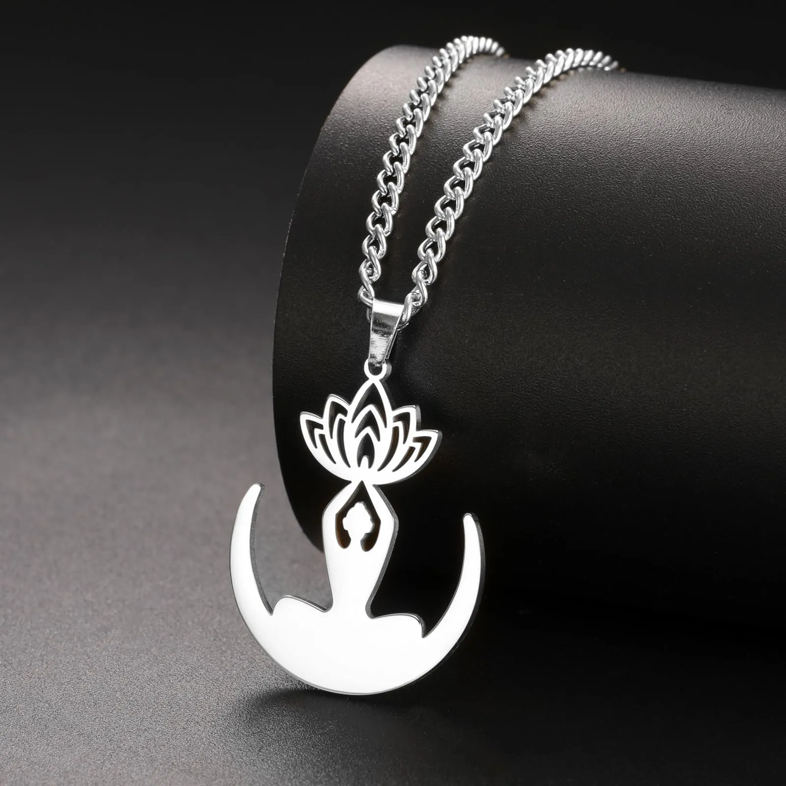 VASSAGO Collana da donna con ciondolo a forma di fiore di loto con Buddha, in acciaio inossidabile, con simbolo unalome, amuleto, gioielli religiosi, Misura unica, Acciaio inossidabile, Nessuna pietra - immagine 3