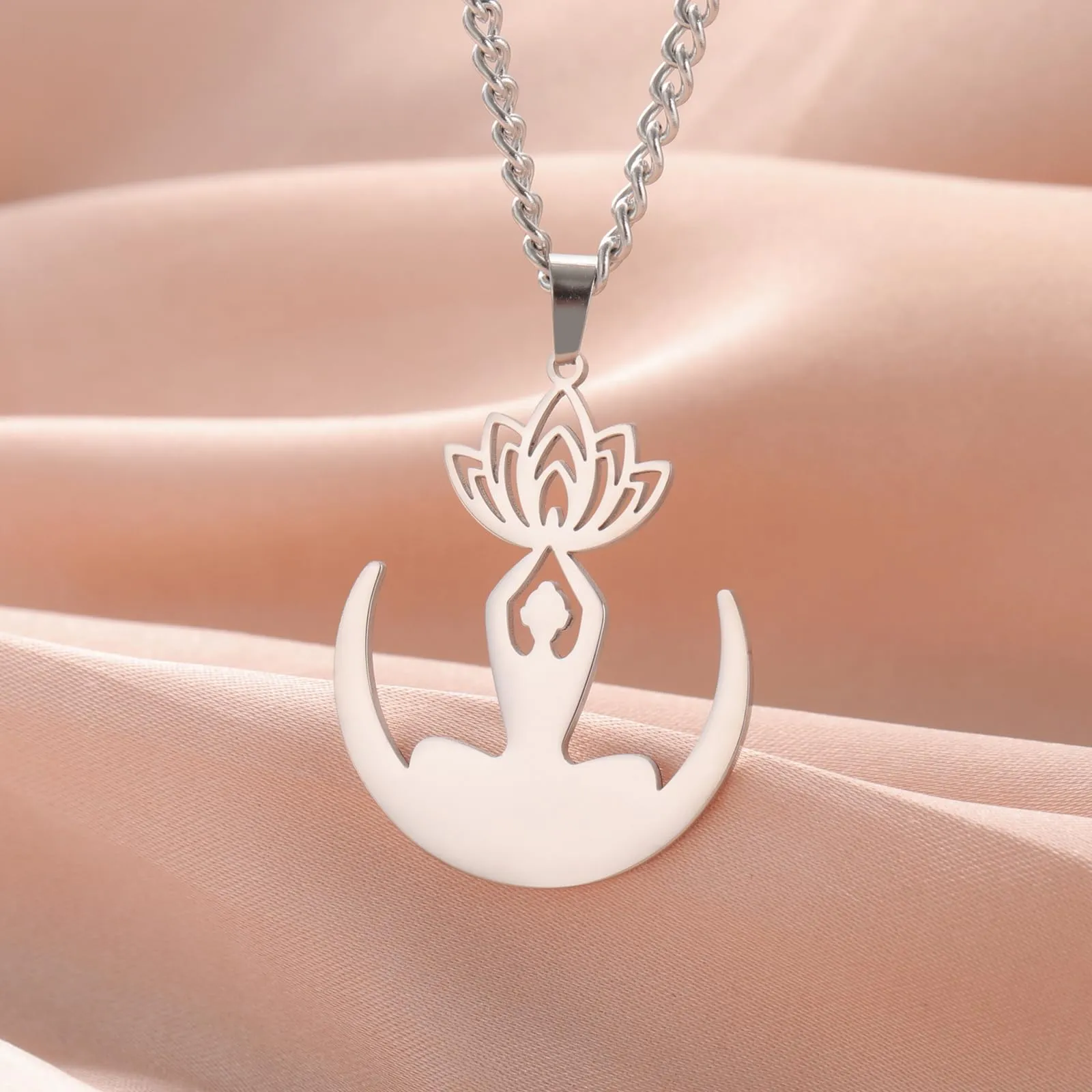 VASSAGO Collana da donna con ciondolo a forma di fiore di loto con Buddha, in acciaio inossidabile, con simbolo unalome, amuleto, gioielli religiosi, Misura unica, Acciaio inossidabile, Nessuna pietra - immagine 4