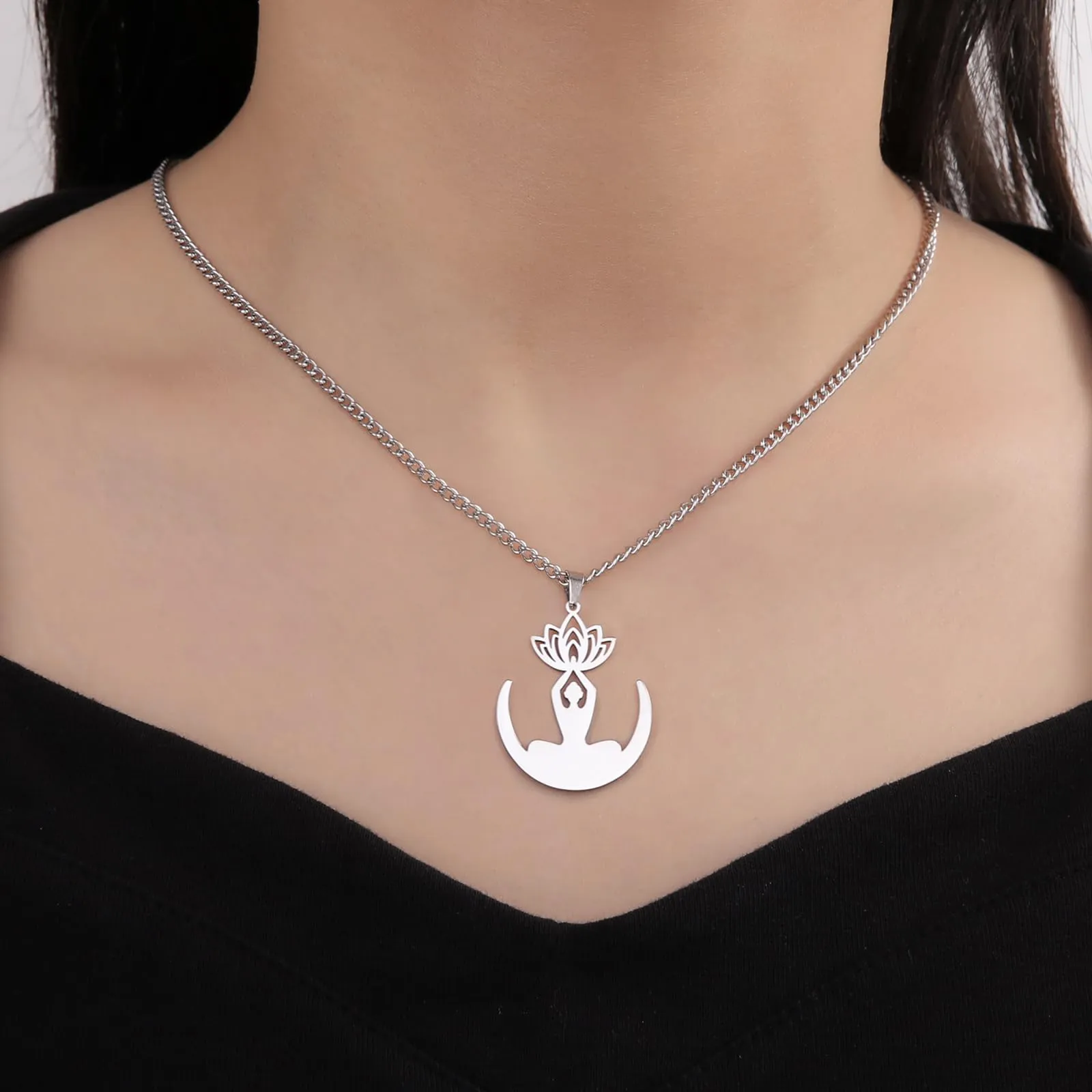 VASSAGO Collana da donna con ciondolo a forma di fiore di loto con Buddha, in acciaio inossidabile, con simbolo unalome, amuleto, gioielli religiosi, Misura unica, Acciaio inossidabile, Nessuna pietra - immagine 5