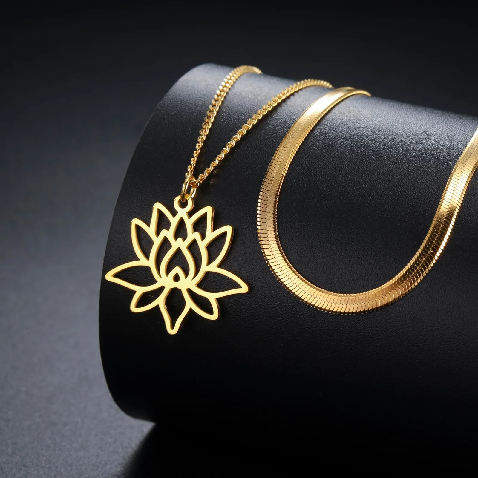 VASSAGO Collana da donna con ciondolo a forma di fiore di loto con Buddha, in acciaio inossidabile, con simbolo unalome, amuleto, gioielli religiosi, Misura unica, Acciaio inossidabile, Nessuna pietra - immagine 3