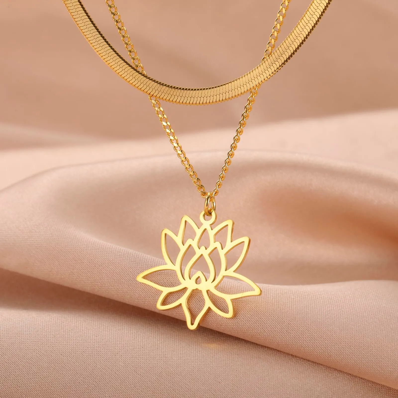 VASSAGO Collana da donna con ciondolo a forma di fiore di loto con Buddha, in acciaio inossidabile, con simbolo unalome, amuleto, gioielli religiosi, Misura unica, Acciaio inossidabile, Nessuna pietra - immagine 4
