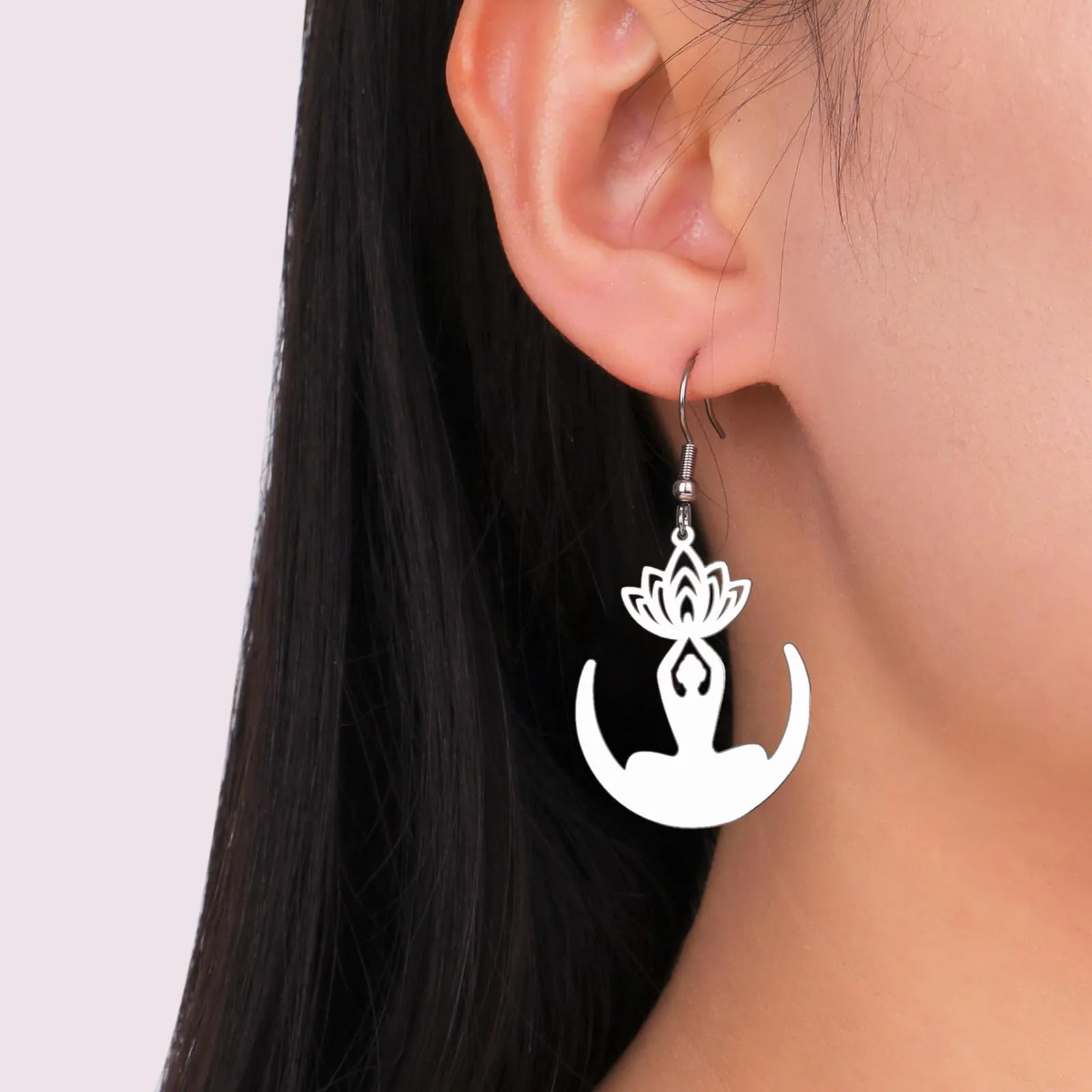 Orecchini a forma di fiore di loto in stile bohémien, in acciaio inox, per buddismo, yoga, guarigione, simbolo unalome, amuleto, gioielli religiosi, Misura unica, Acciaio inossidabile, Nessuna pietra - immagine 5
