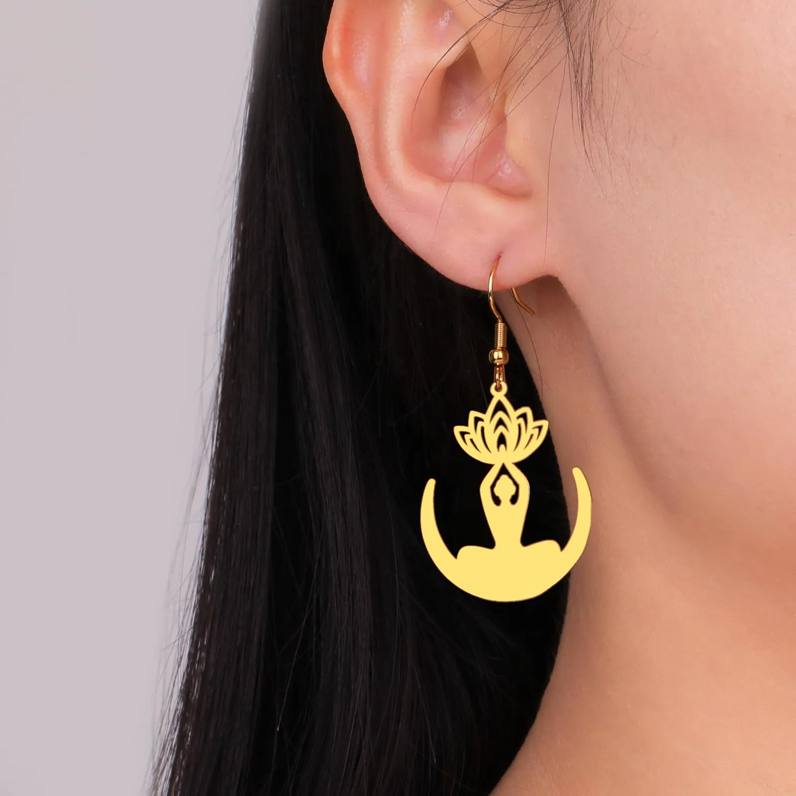Orecchini a forma di fiore di loto in stile bohémien, in acciaio inox, per buddismo, yoga, guarigione, simbolo unalome, amuleto, gioielli religiosi, Misura unica, Acciaio inossidabile, Nessuna pietra - immagine 5