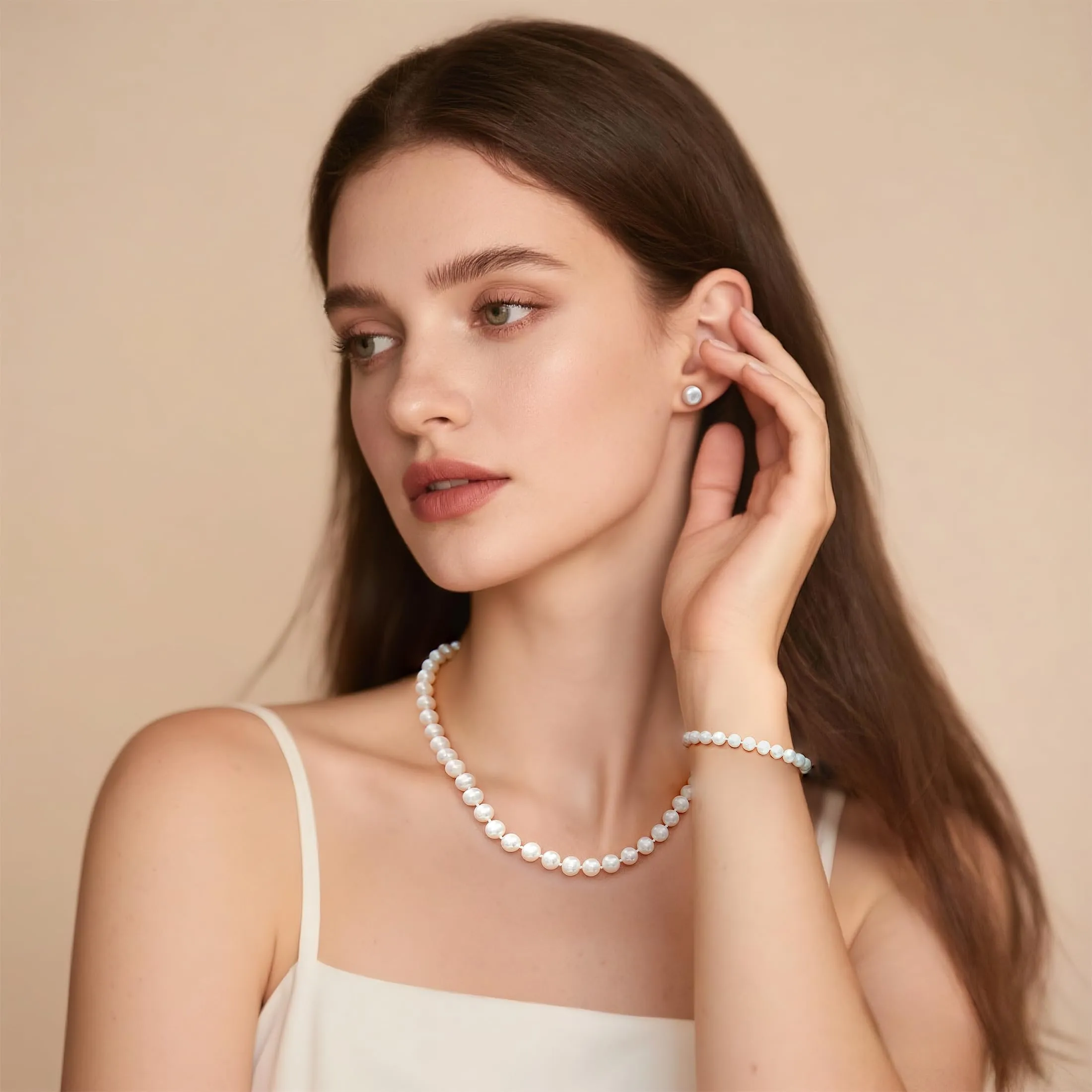 YAMI set di perle (collana + bracciale + orecchini), perle d'acqua dolce coltivate (8-9 mm). Ipotallergenico. Argento sterling 925. Un regalo di nozze esclusivo per la sposa. 45 + 5 cm. - immagine 3