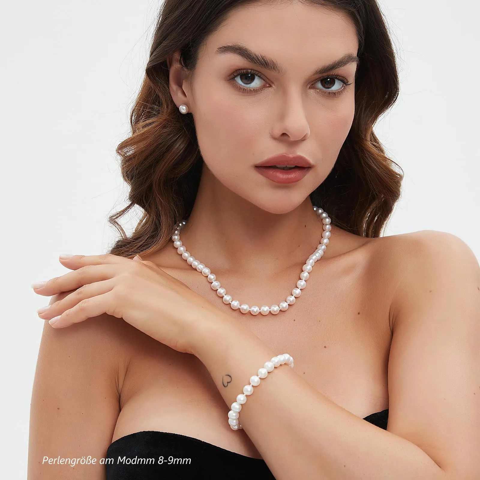YAMI set di perle (collana + bracciale + orecchini), perle d'acqua dolce coltivate (8-9 mm). Ipotallergenico. Argento sterling 925. Un regalo di nozze esclusivo per la sposa. 45 + 5 cm. - immagine 4