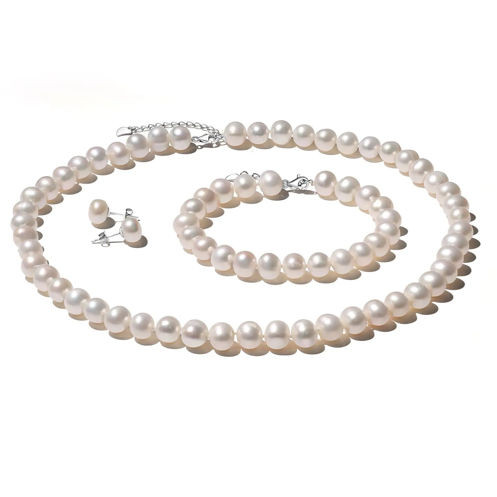 YAMI set di perle (collana + bracciale + orecchini), perle d'acqua dolce coltivate (7-7,5 mm). Ipotallergenico. Argento sterling 925. Un regalo di nozze esclusivo per la sposa. 45 + 5 cm. - immagine 1