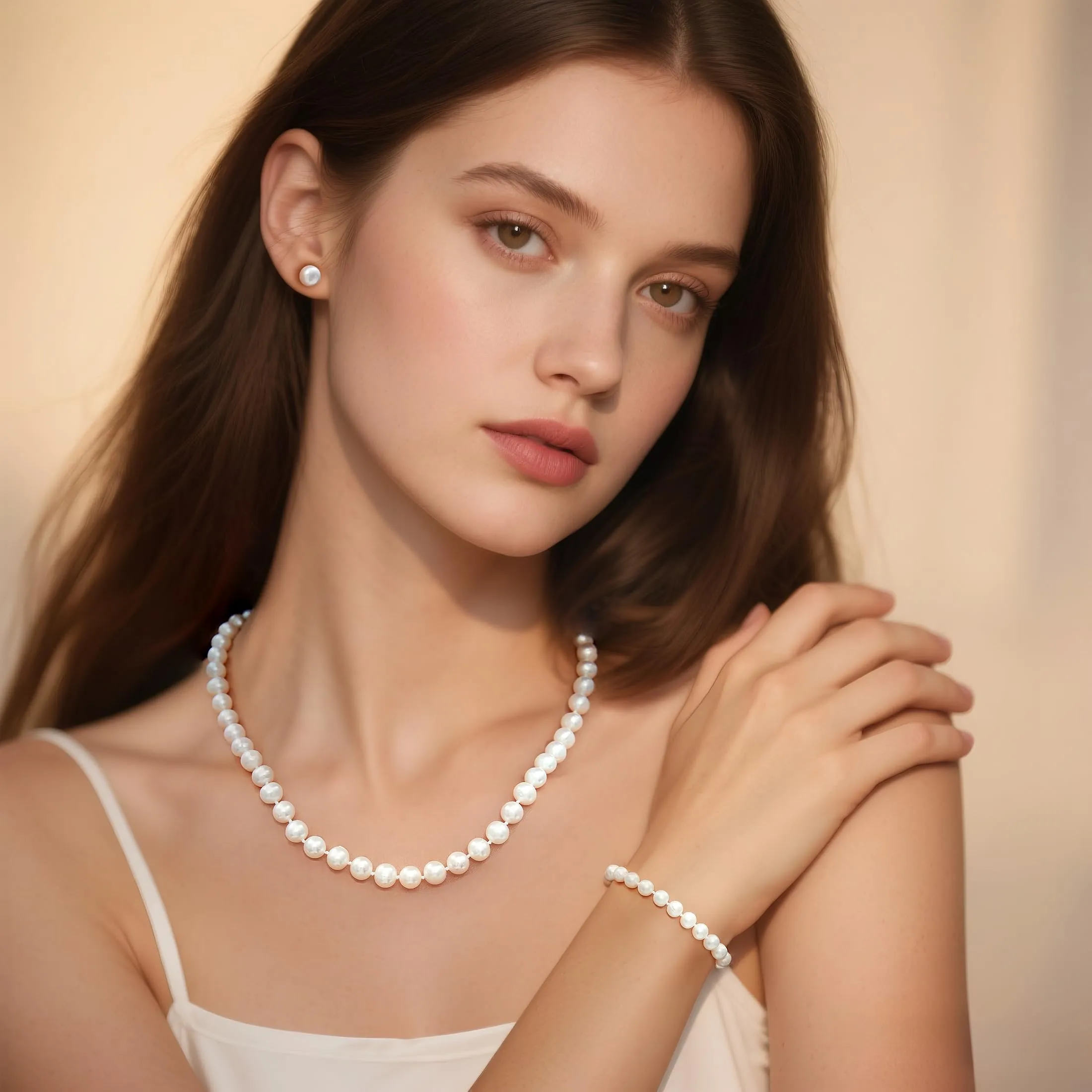 YAMI set di perle (collana + bracciale + orecchini), perle d'acqua dolce coltivate (7-7,5 mm). Ipotallergenico. Argento sterling 925. Un regalo di nozze esclusivo per la sposa. 45 + 5 cm. - immagine 2