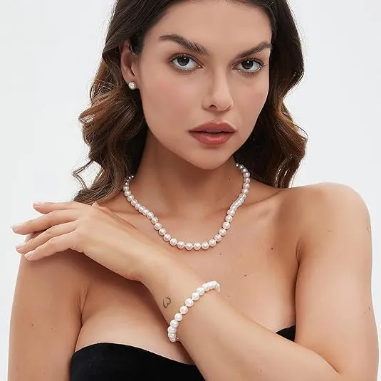 YAMI set di perle (collana + bracciale + orecchini), perle d'acqua dolce coltivate (7-7,5 mm). Ipotallergenico. Argento sterling 925. Un regalo di nozze esclusivo per la sposa. 45 + 5 cm. - immagine 4