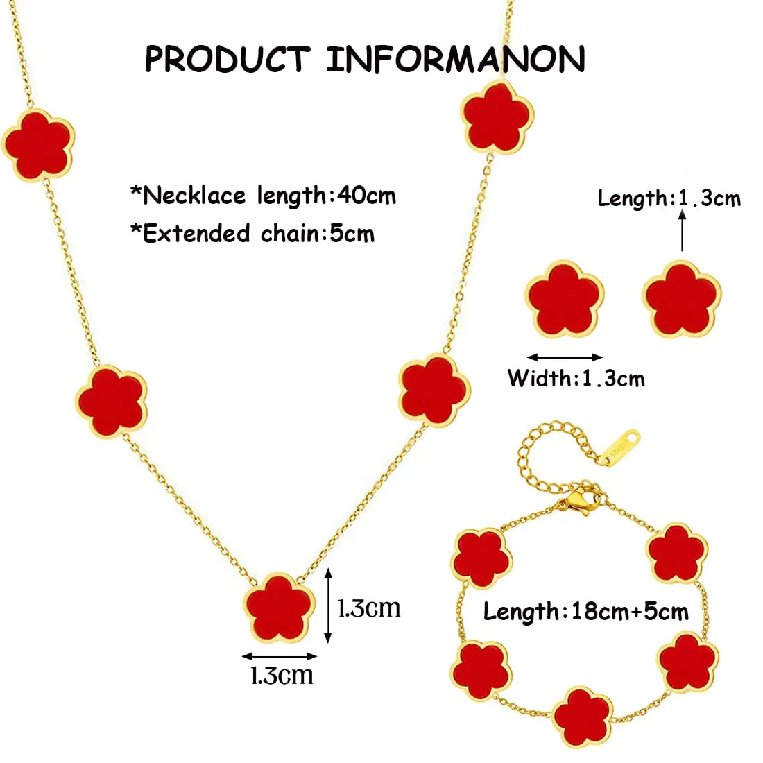 XIWCAFC Parure Gioielli Quadrifoglio per Donna 18K Placcato Oro Acciaio Inossidabile Fortunato Quadrifoglio Collana Orecchini Bracciali Set di Gioielli Sposa Regalo Dirndl Gioielli (Rosso) - immagine 2