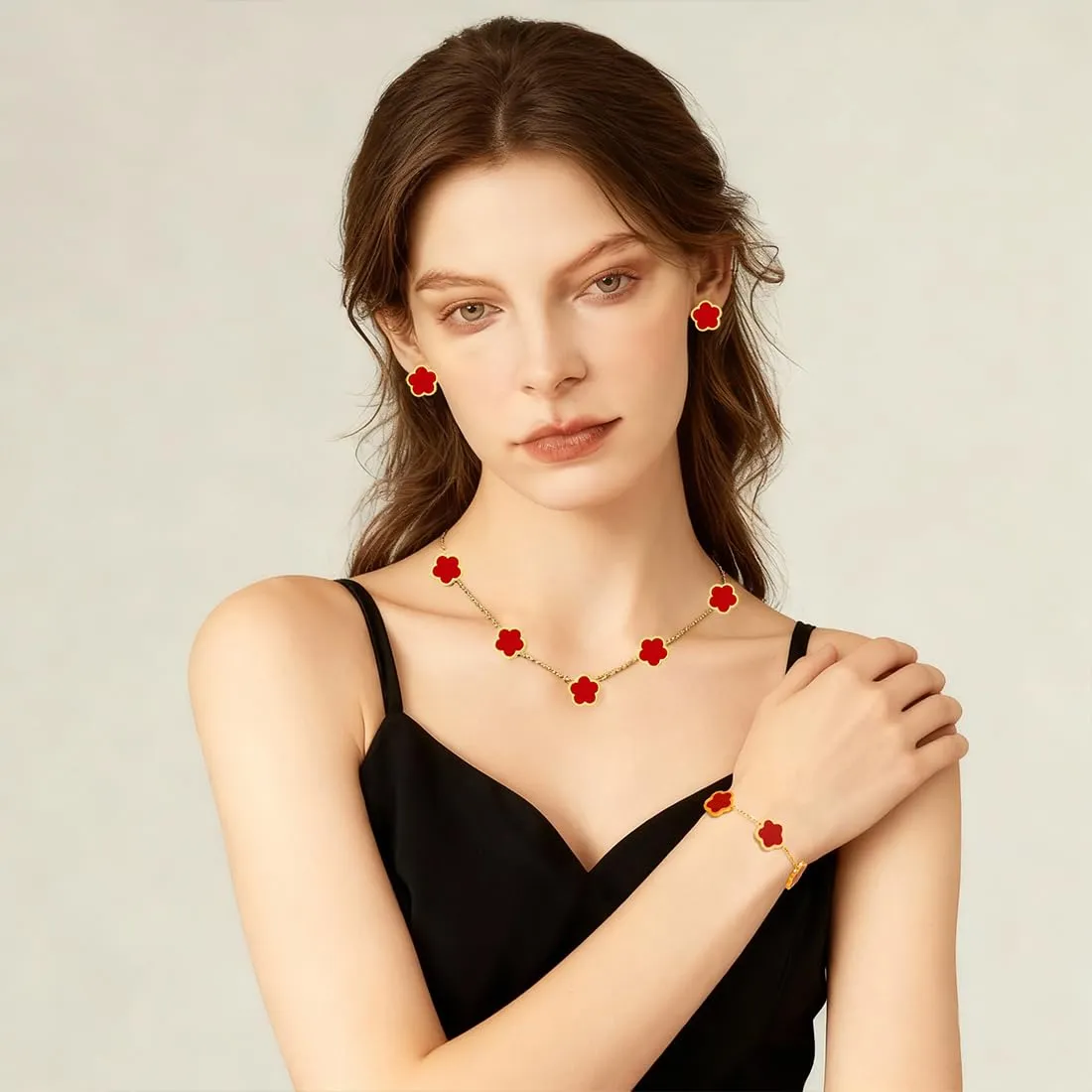 XIWCAFC Parure Gioielli Quadrifoglio per Donna 18K Placcato Oro Acciaio Inossidabile Fortunato Quadrifoglio Collana Orecchini Bracciali Set di Gioielli Sposa Regalo Dirndl Gioielli (Rosso) - immagine 5