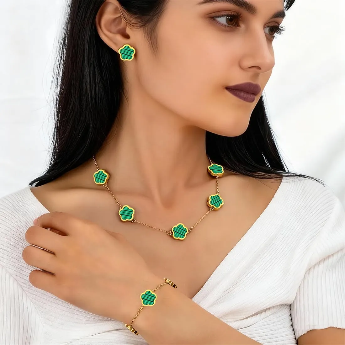 XIWCAFC Parure Gioielli Quadrifoglio per Donna 18K Placcato Oro Acciaio Inossidabile Fortunato Quadrifoglio Collana Orecchini Bracciali Set di Gioielli Sposa Regalo Dirndl Gioielli (Verde) - immagine 3