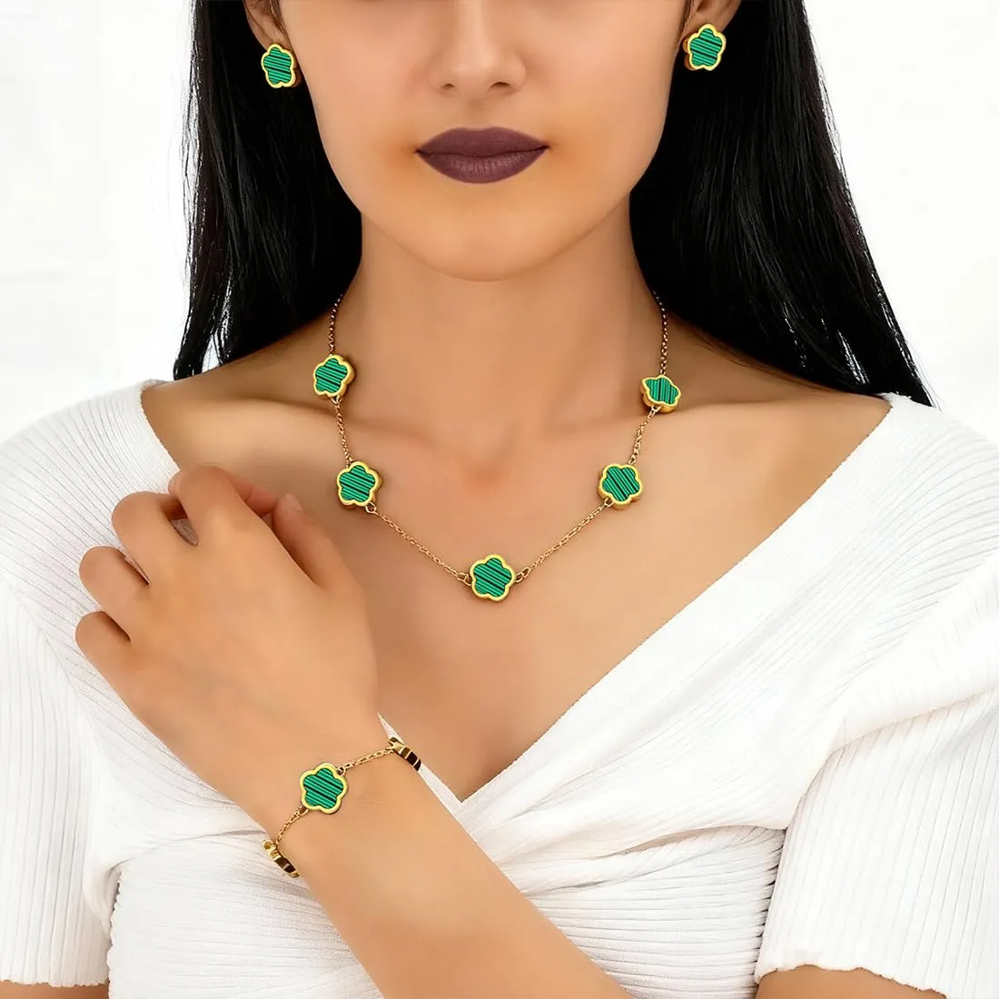 XIWCAFC Parure Gioielli Quadrifoglio per Donna 18K Placcato Oro Acciaio Inossidabile Fortunato Quadrifoglio Collana Orecchini Bracciali Set di Gioielli Sposa Regalo Dirndl Gioielli (Verde) - immagine 4