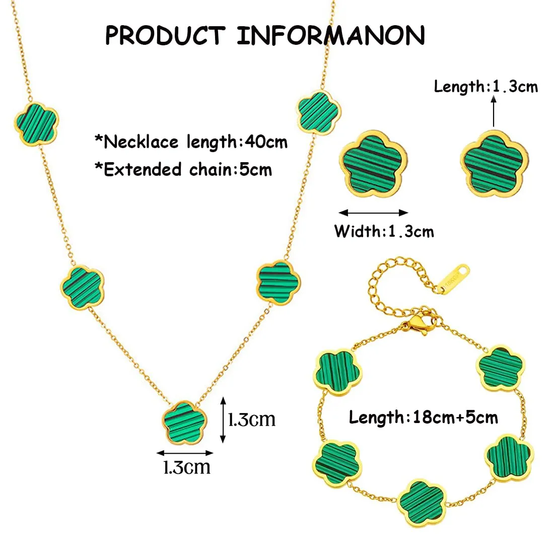 XIWCAFC Parure Gioielli Quadrifoglio per Donna 18K Placcato Oro Acciaio Inossidabile Fortunato Quadrifoglio Collana Orecchini Bracciali Set di Gioielli Sposa Regalo Dirndl Gioielli (Verde) - immagine 5