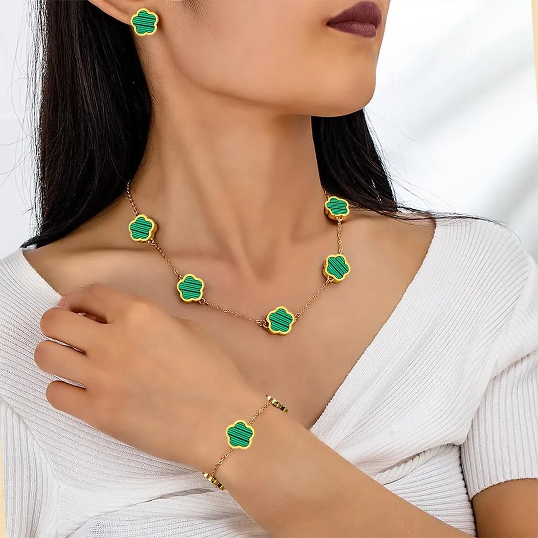 XIWCAFC Parure Gioielli Quadrifoglio per Donna 18K Placcato Oro Acciaio Inossidabile Fortunato Quadrifoglio Collana Orecchini Bracciali Set di Gioielli Sposa Regalo Dirndl Gioielli (Verde) - immagine 6